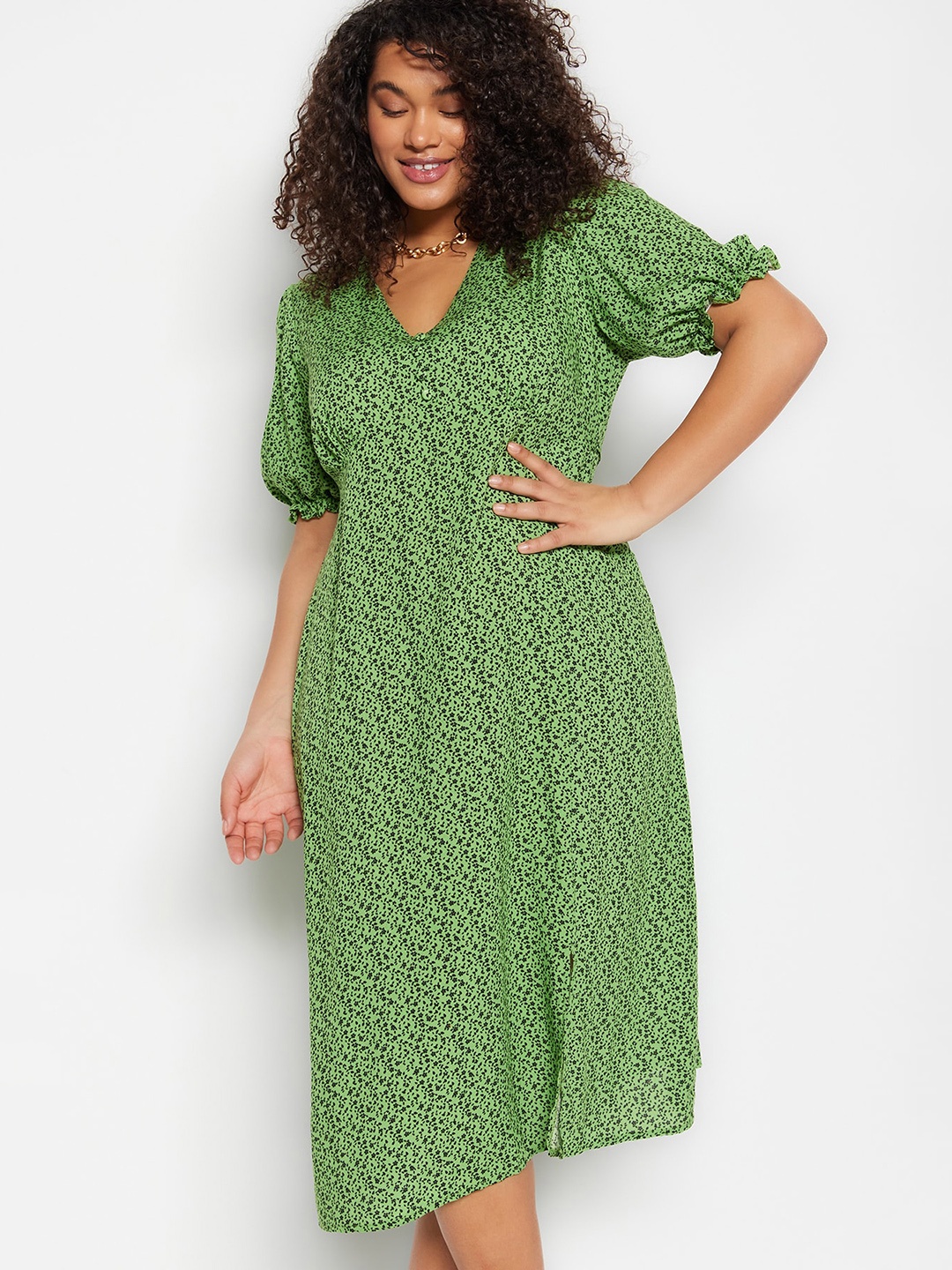 

Trendyol Plus Size Floral Printed Puff Sleeve A-Line Midi Dress, Green