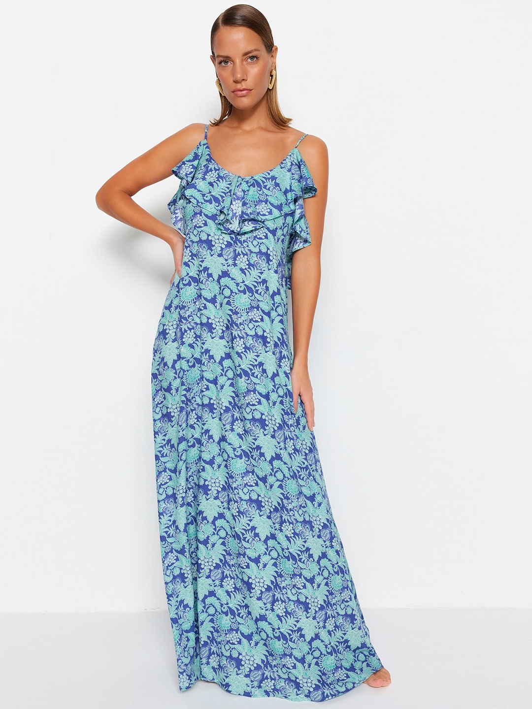 

Trendyol Floral Printed Sleeveless Maxi A-Line Dress, Blue