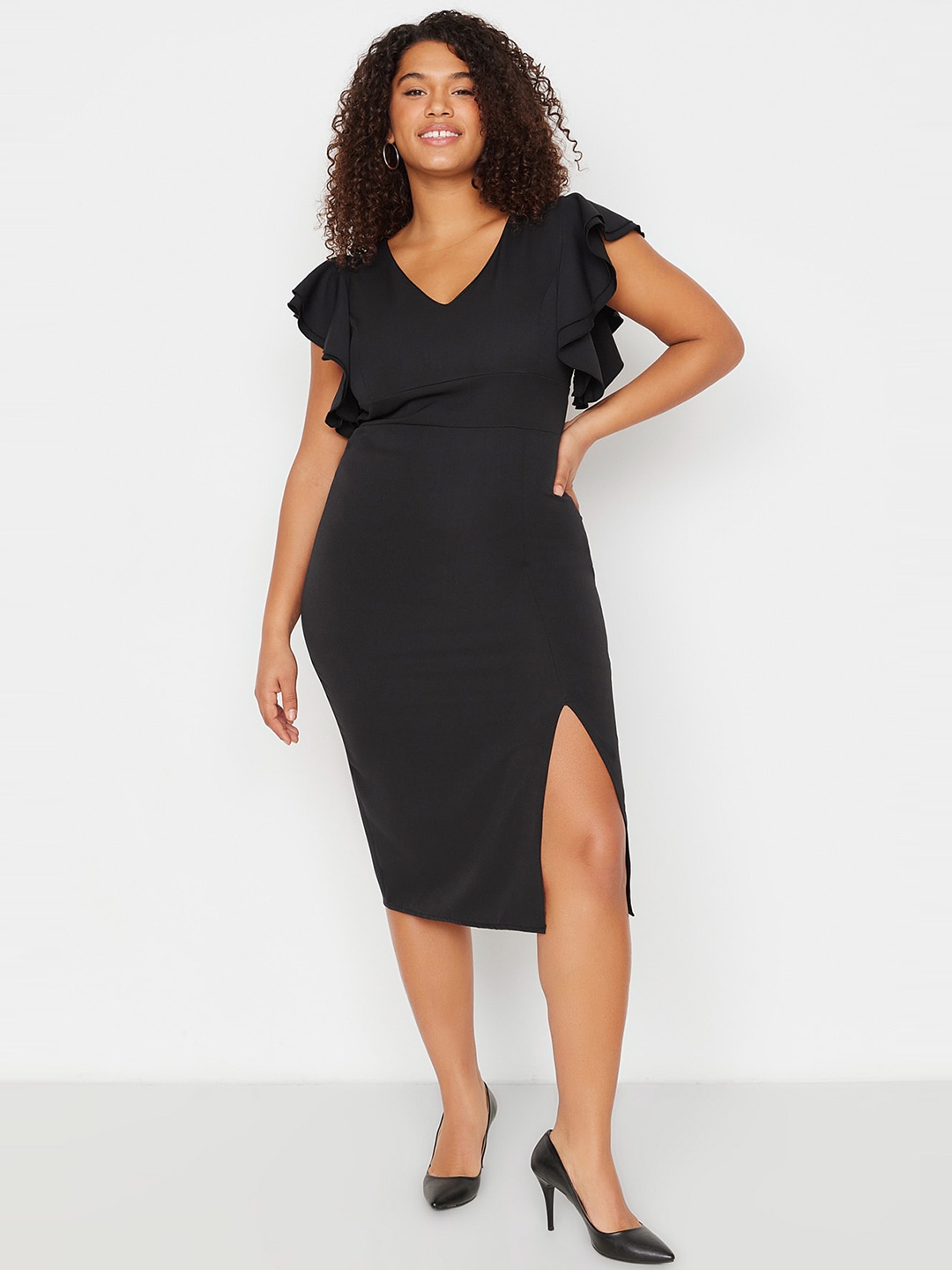 

Trendyol Plus Size V-Neck Flutter Sleeve Sheath Party Dress, Black