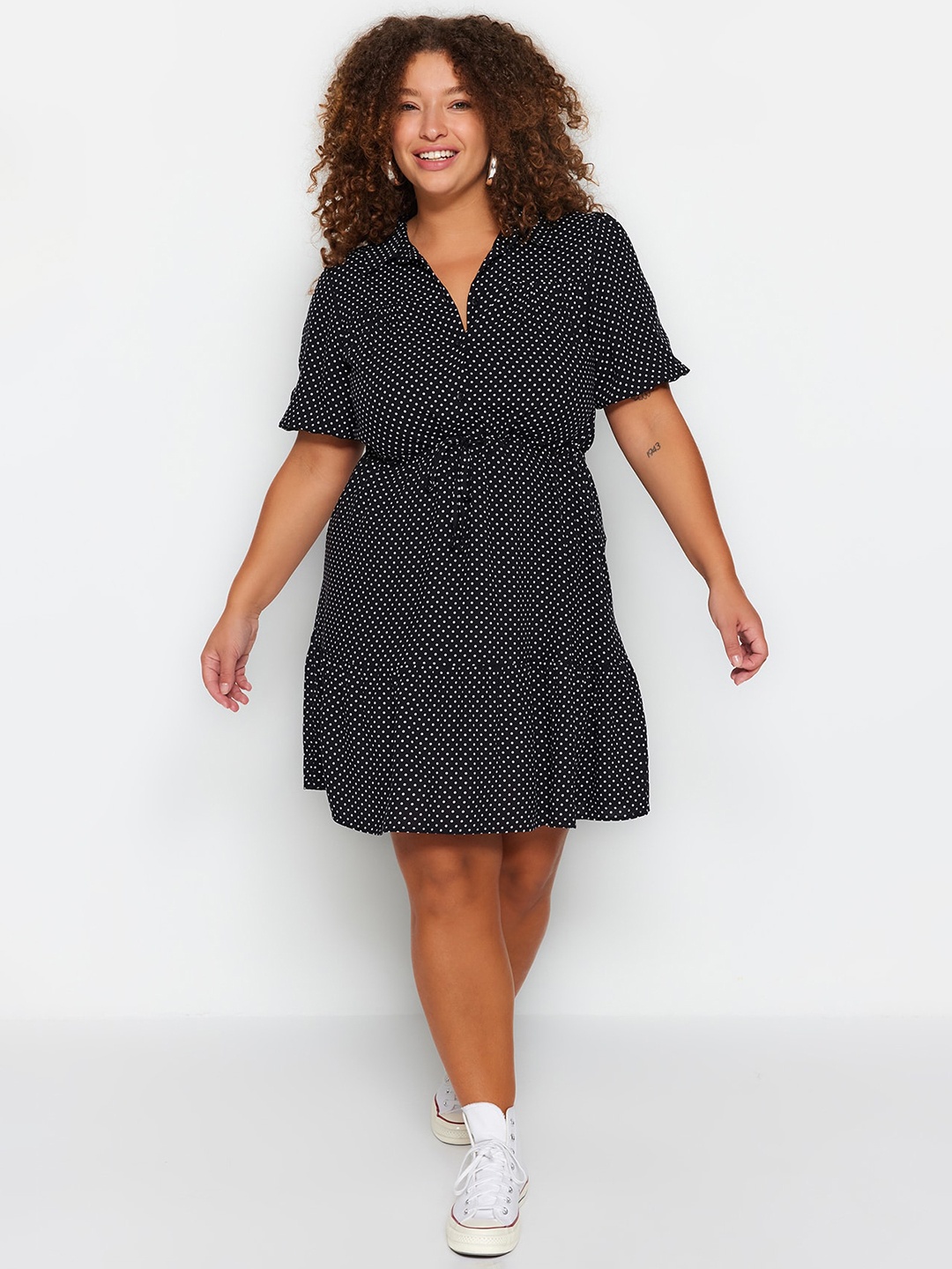 

Trendyol Plus Size Polka Dot Printed Shirt Collar Fit & Flare Casual Dress, Black