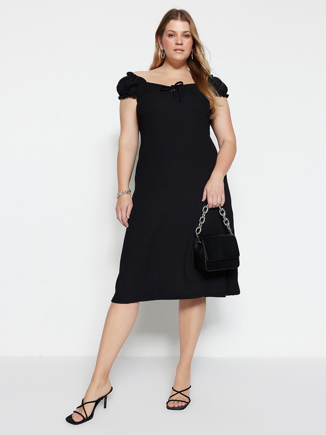 

Trendyol Plus Size Off-Shoulder A-Line Dress, Black