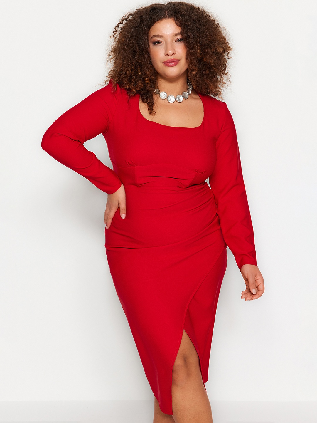 

Trendyol Plus Size Square Neck Long Sleeves Sheath Dress, Red