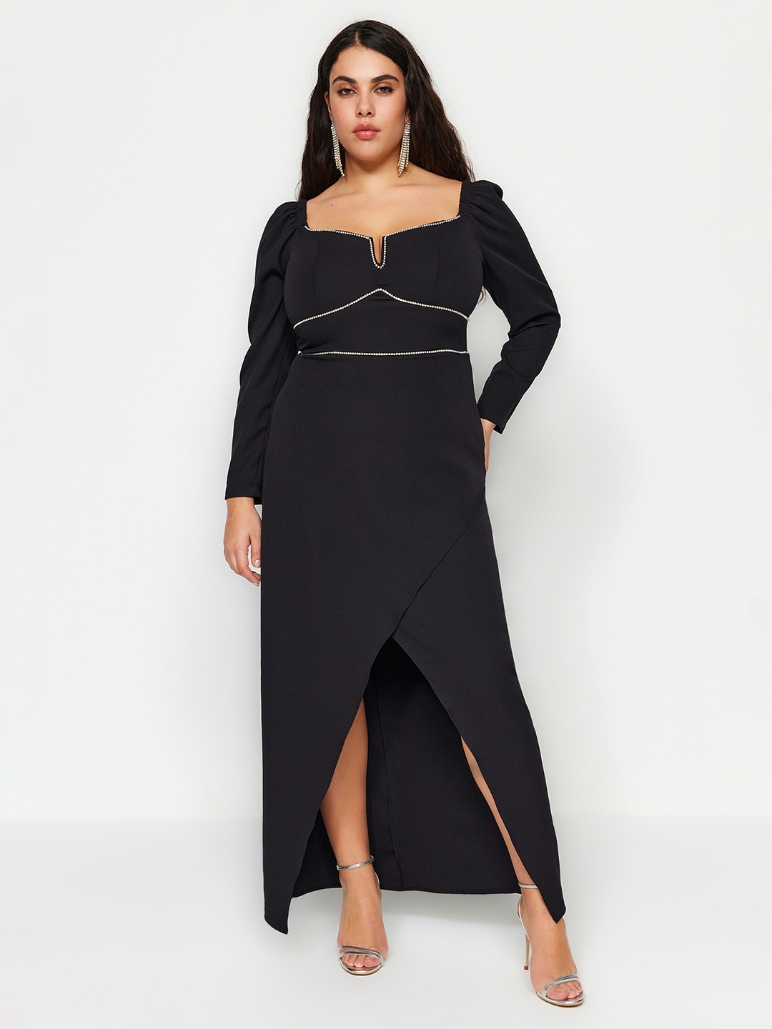 

Trendyol Plus Size Square Neck Long Sleeves Embellished Maxi Dress, Na