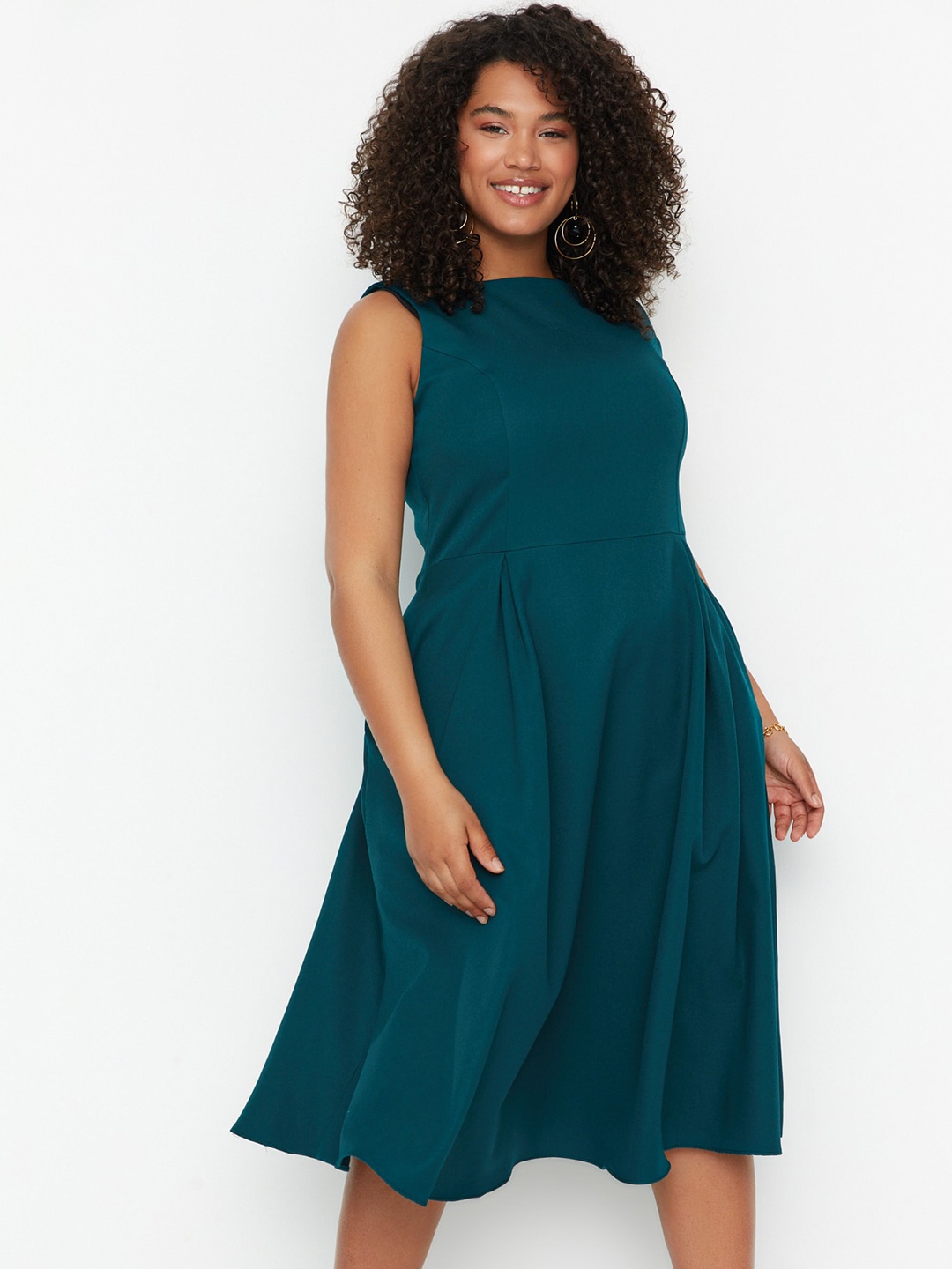 

Trendyol Round Neck Knee Length Fit & Flare Dress, Teal