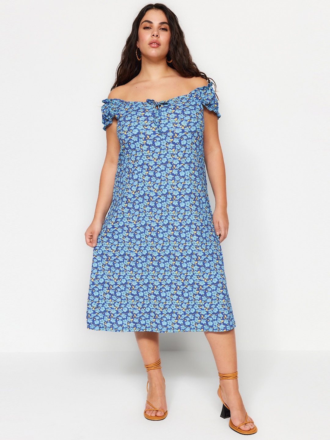 

Trendyol Plus Size Floral Printed Off-Shoulder A-Line Midi Dress, Blue