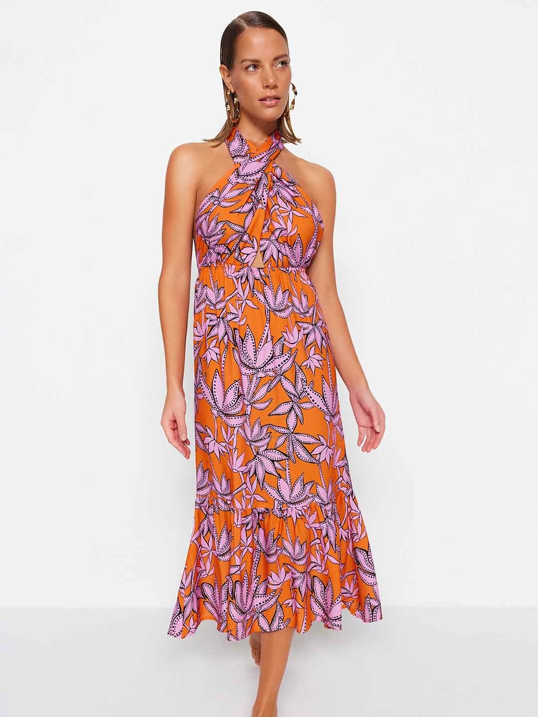 

Trendyol Floral Print Halter Neck A-Line Midi Dress, Purple