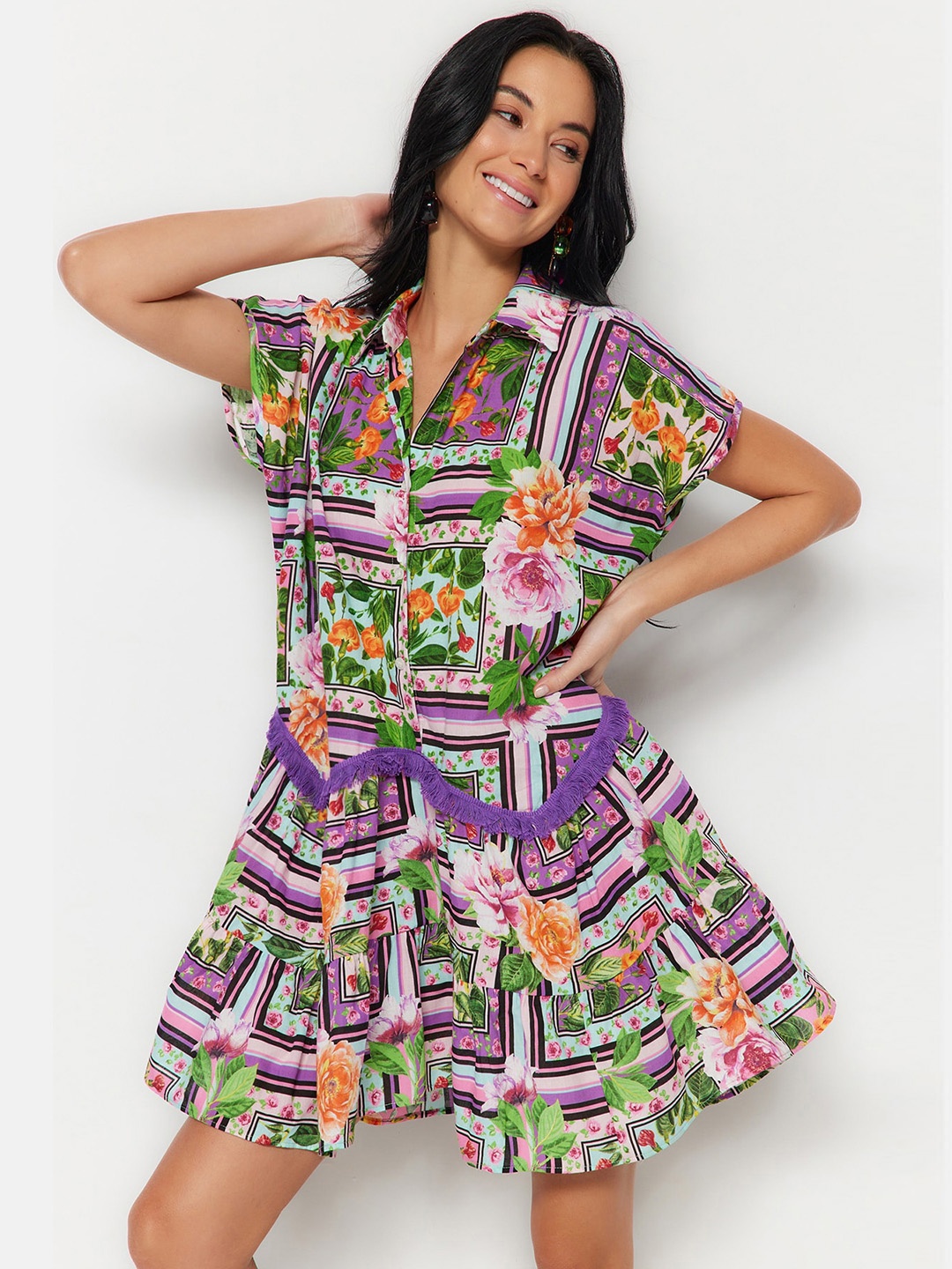 

Trendyol Floral Print Cotton A Line Dress, Blue