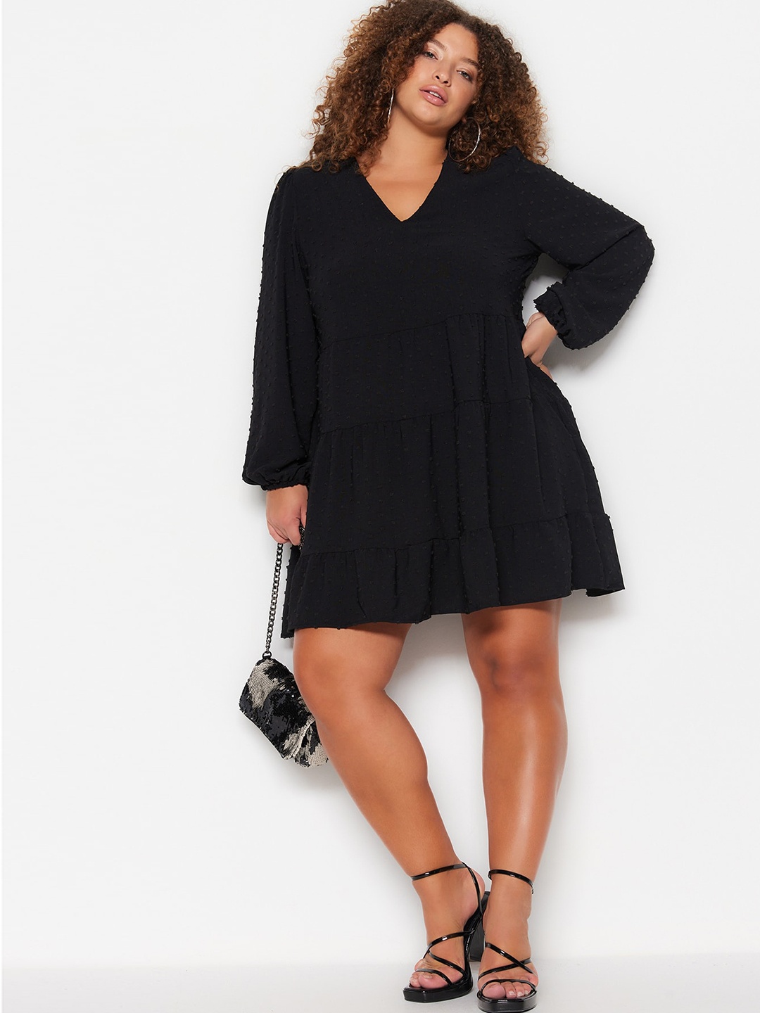 

Trendyol V-Neck Puff Sleeve Fit & Flare Dress, Black