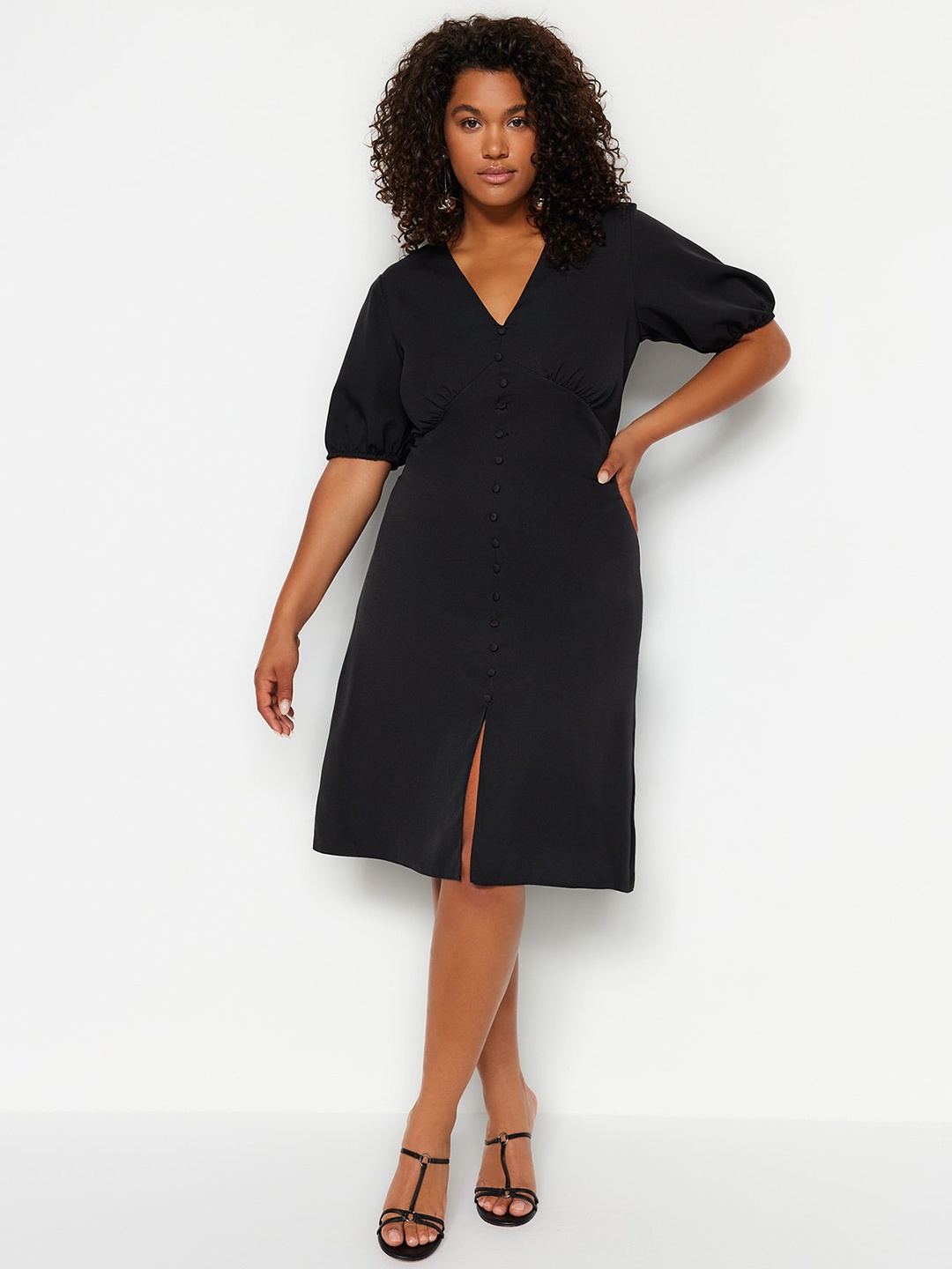 

Trendyol V-Neck Puff Sleeves Shirt Dress, Black