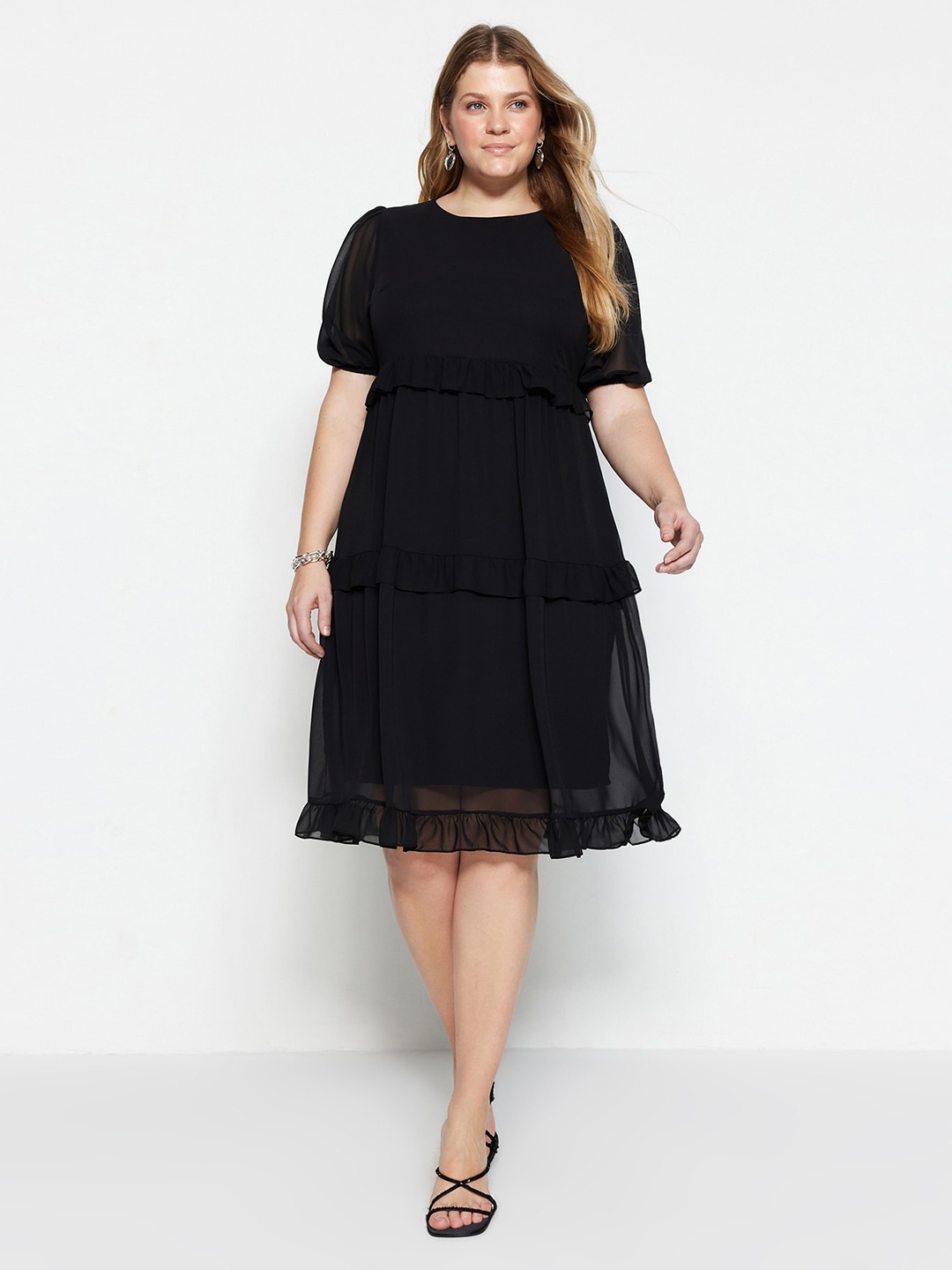 

Trendyol Puff Sleeves Round Neck Fit & Flare Dress, Black
