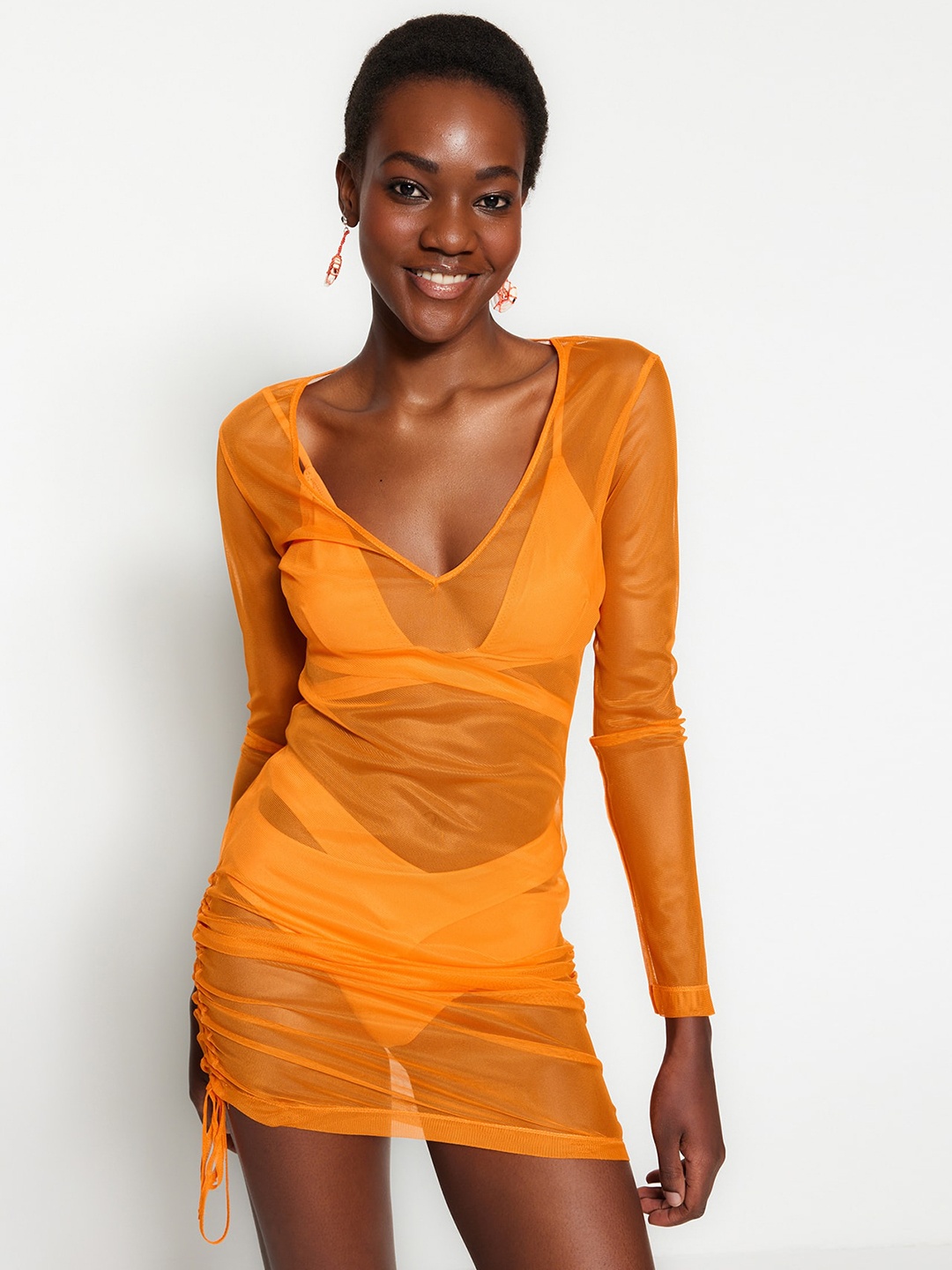 

Trendyol V-Neck Long Sleeves Bodycon Mini Dress, Mustard