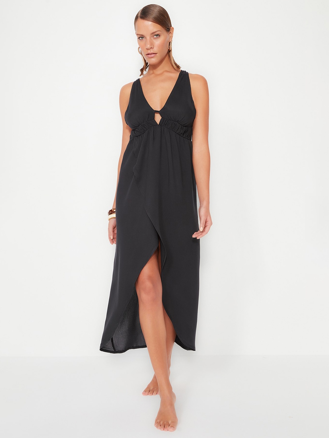 

Trendyol V-Neck Empire Opaque Midi Dress, Black