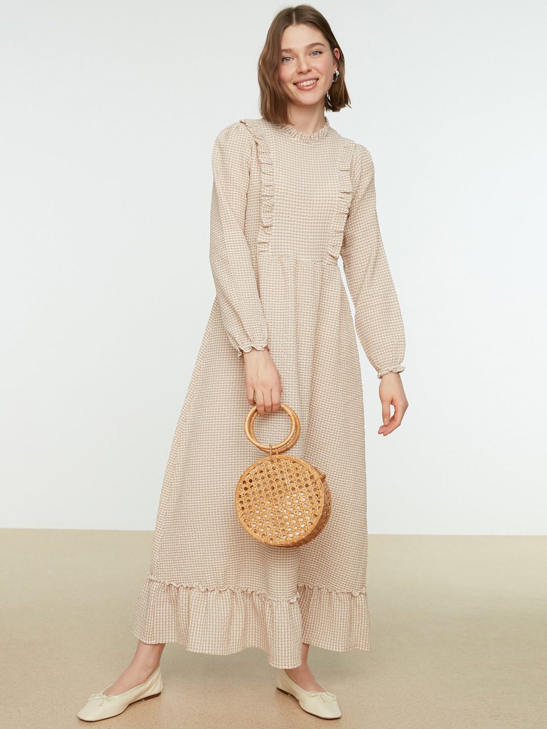 

Trendyol Mandarin Collar A-Line Maxi Dress, Beige