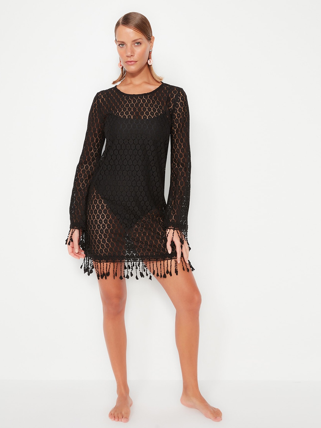 

Trendyol Round Neck Asymmetric A-Line Sheer Dress, Black