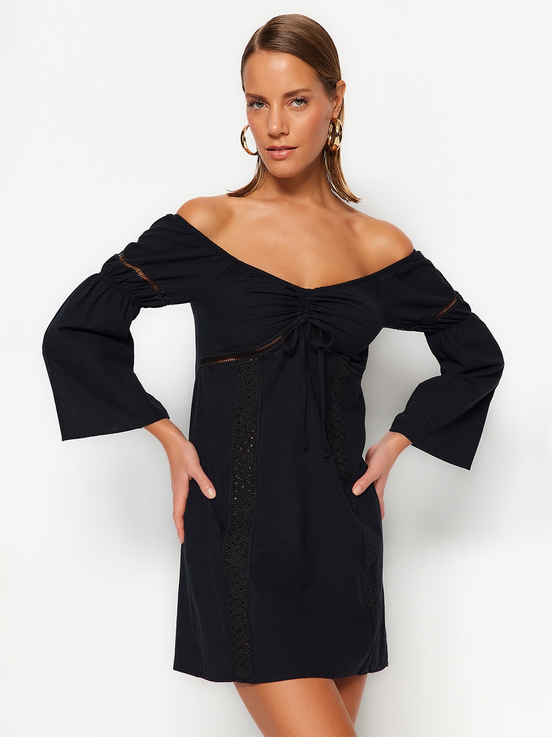 

Trendyol Off-Shoulder Bell Sleeve Cotton A-Line Opaque Casual Dress, Black