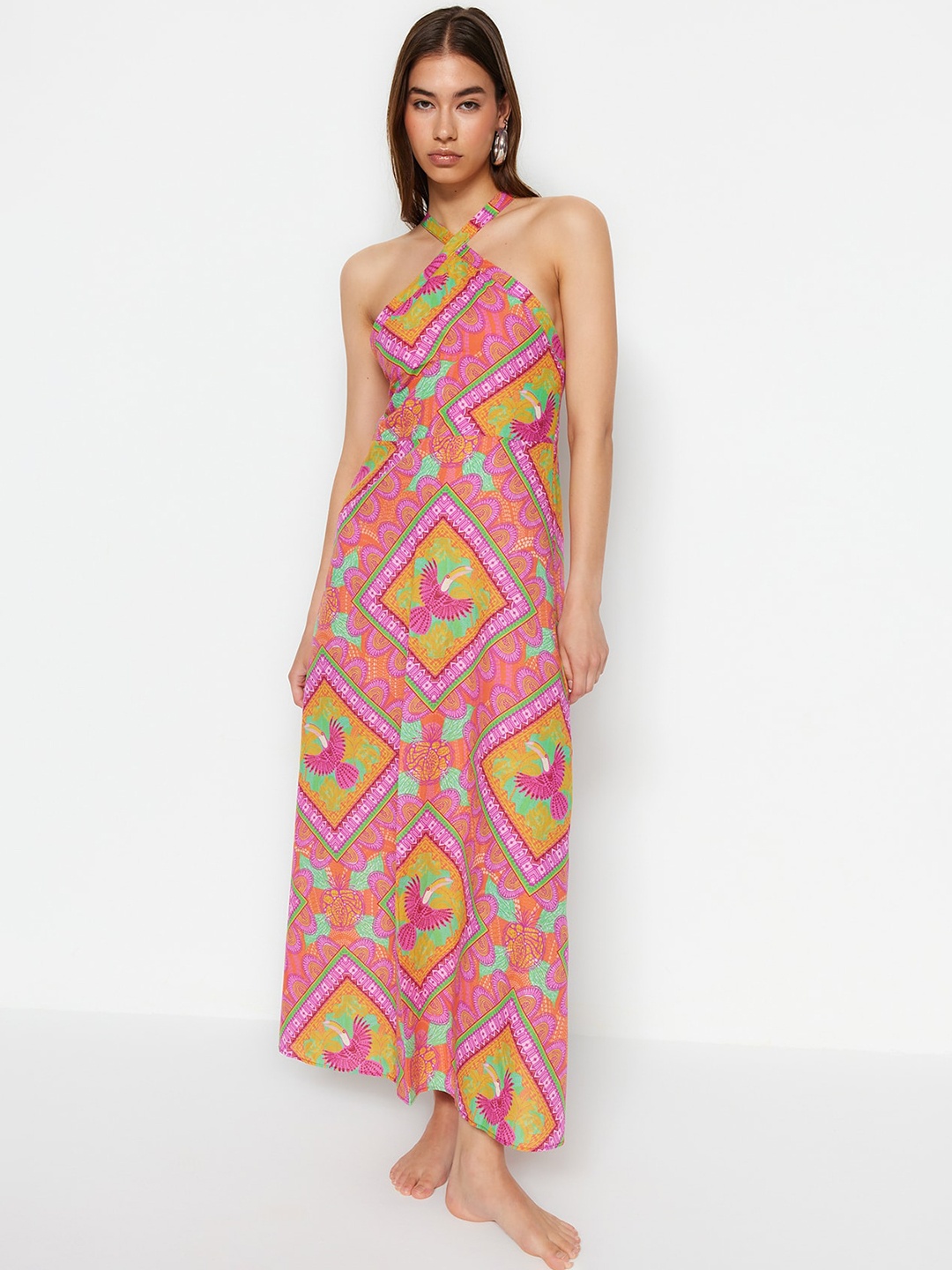 

Trendyol Printed Halter Neck Cotton Maxi Dress, Pink