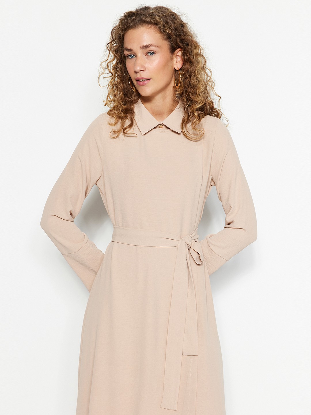 

Trendyol Shirt Collar Long Cuffed Sleeves Fit & Flare Dress, Beige