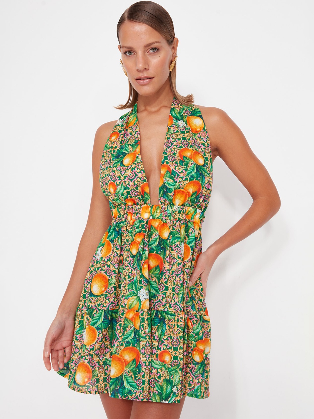 

Trendyol Floral Print Tie Up Neck Fit & Flare Dress, Green