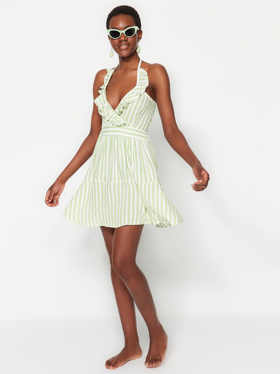

Trendyol Striped Halter Neck Ruffled Fit & Flare Dress, Green
