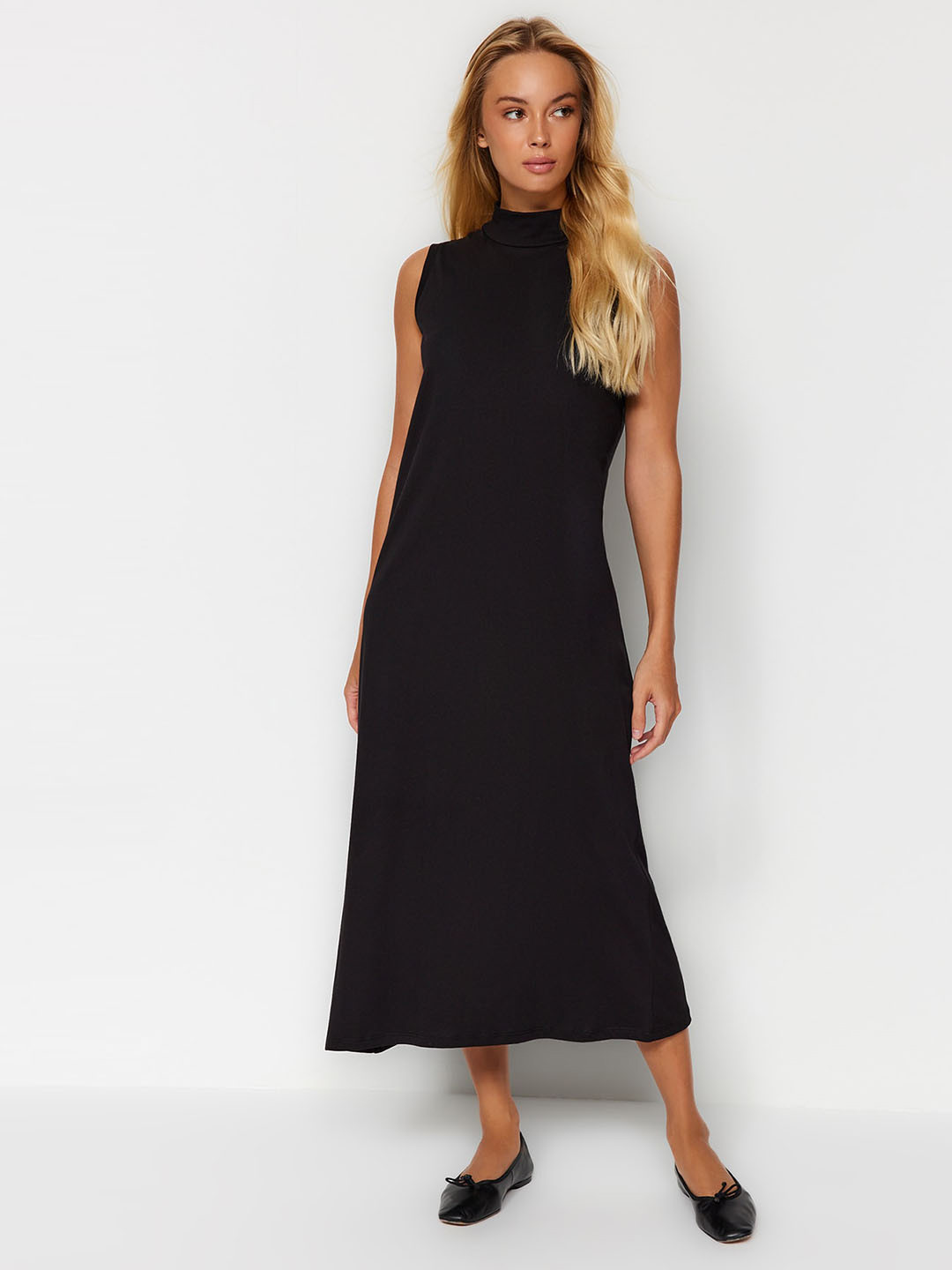 

Trendyol High Neck Pure Cotton A-Line Midi Dress, Black