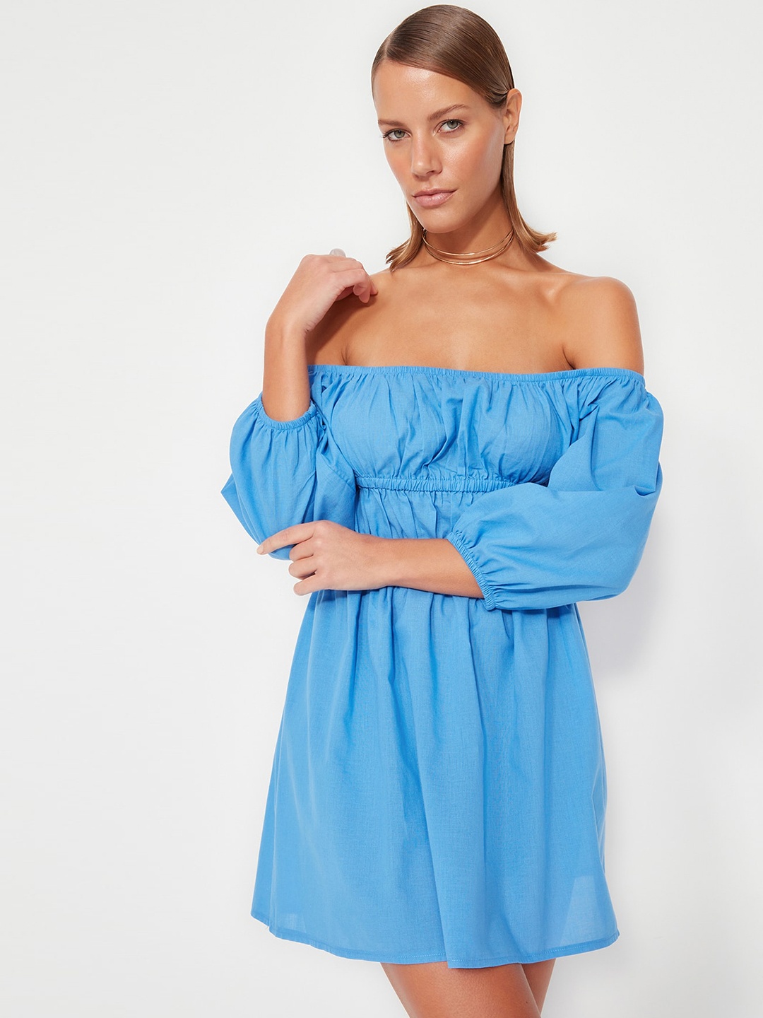 

Trendyol Off-Shoulder Puff Sleeves Pure Cotton Fit & Flare Dress, Blue