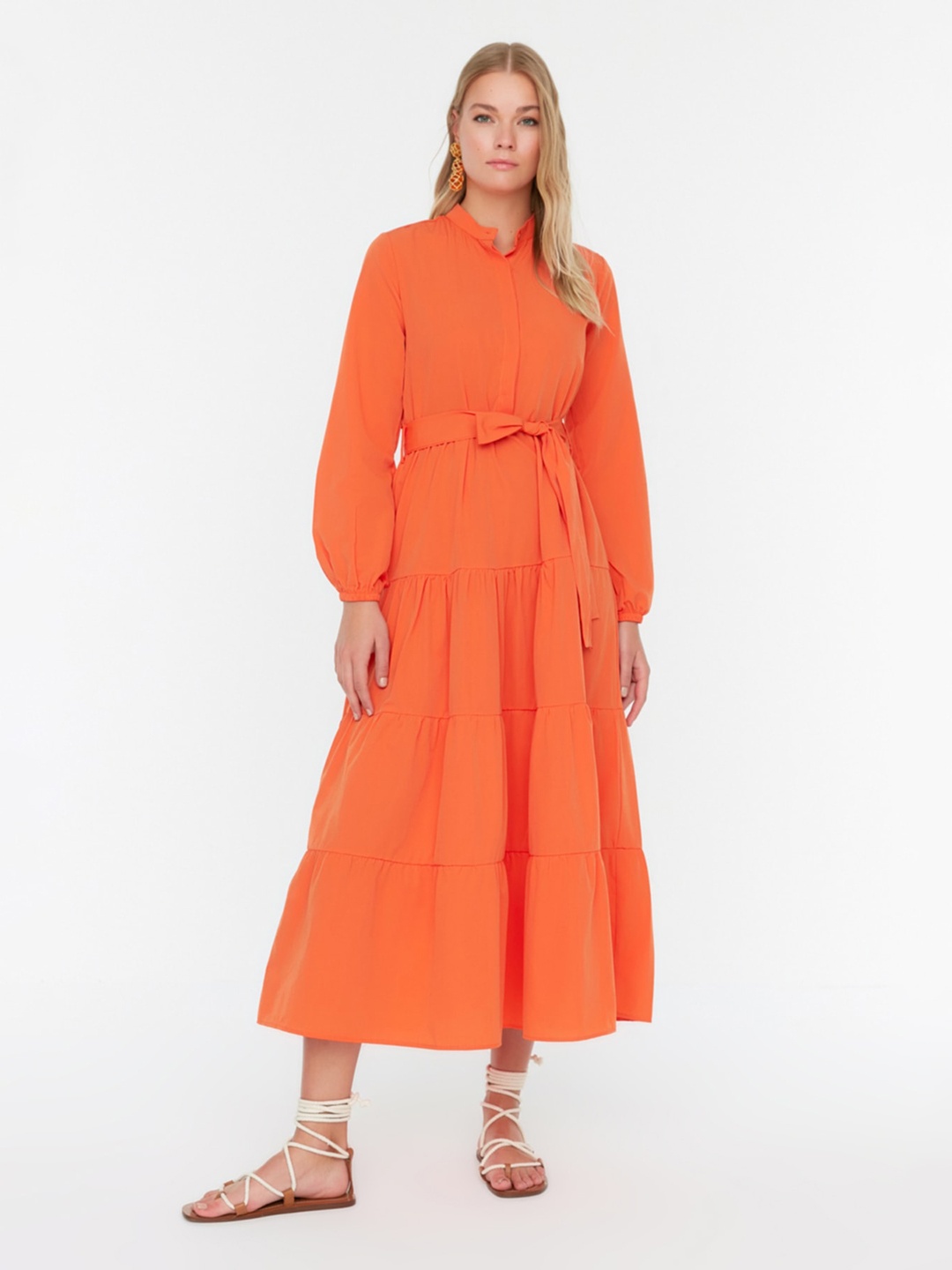 

Trendyol Mandarin Collar Cuffed Sleeves Fit & Flare Midi Dress, Orange