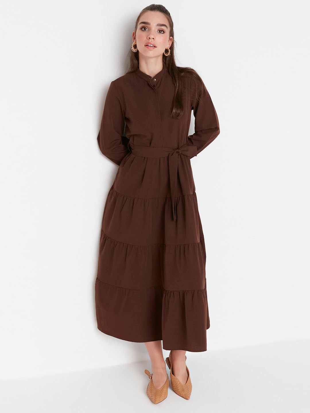 

Trendyol Fit & Flare Shirt Collar Midi Dress, Brown