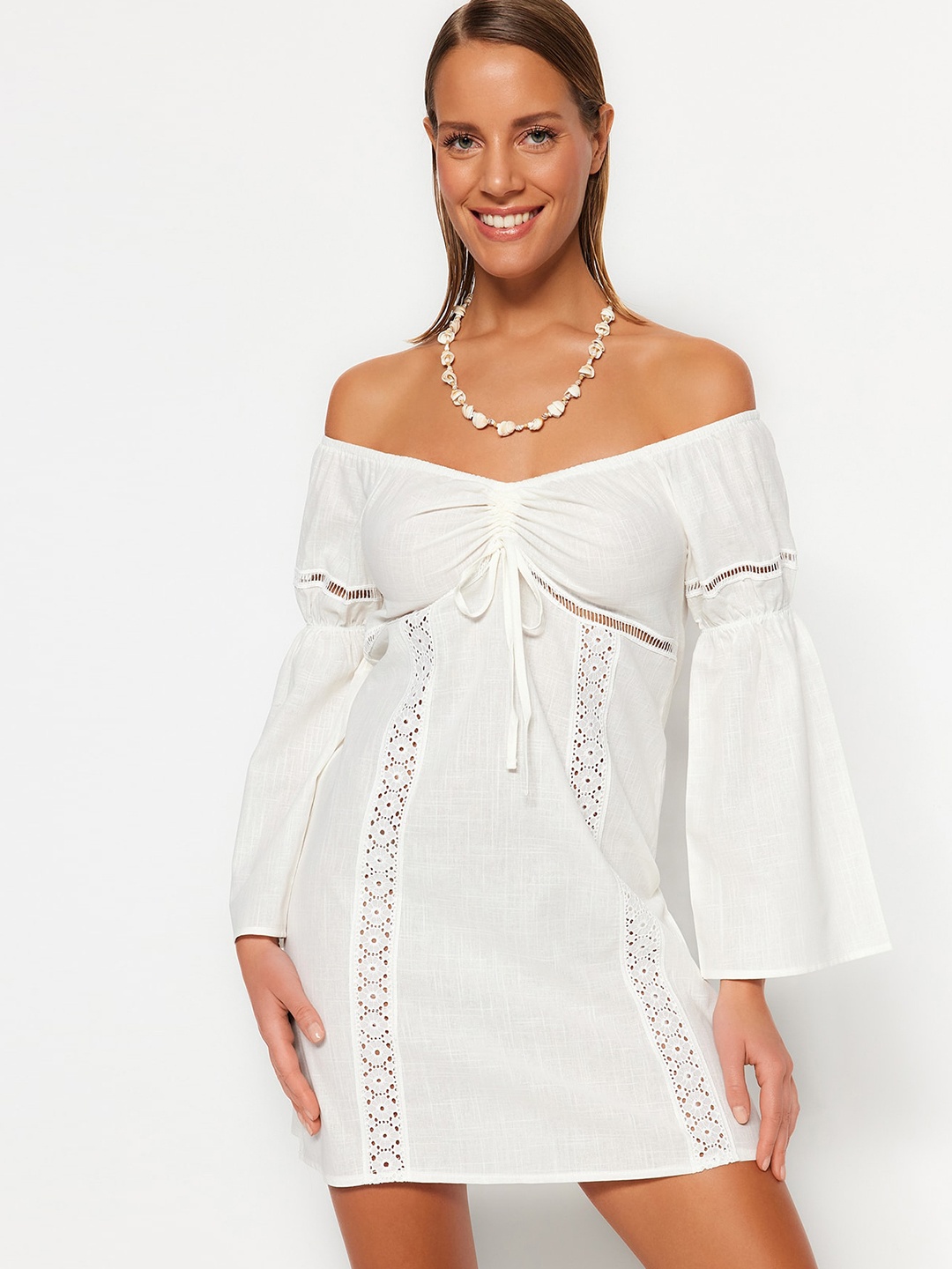 

Trendyol Off-Shoulder Bell Sleeve Cotton Sheath Dress, Na