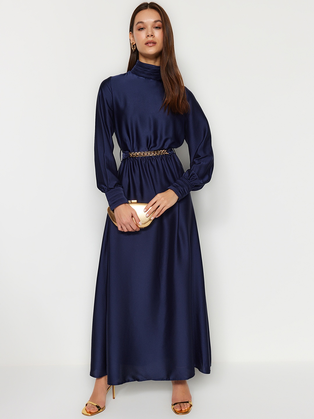 

Trendyol Mock Collar Cuffed Sleeves Maxi Dress, Navy blue
