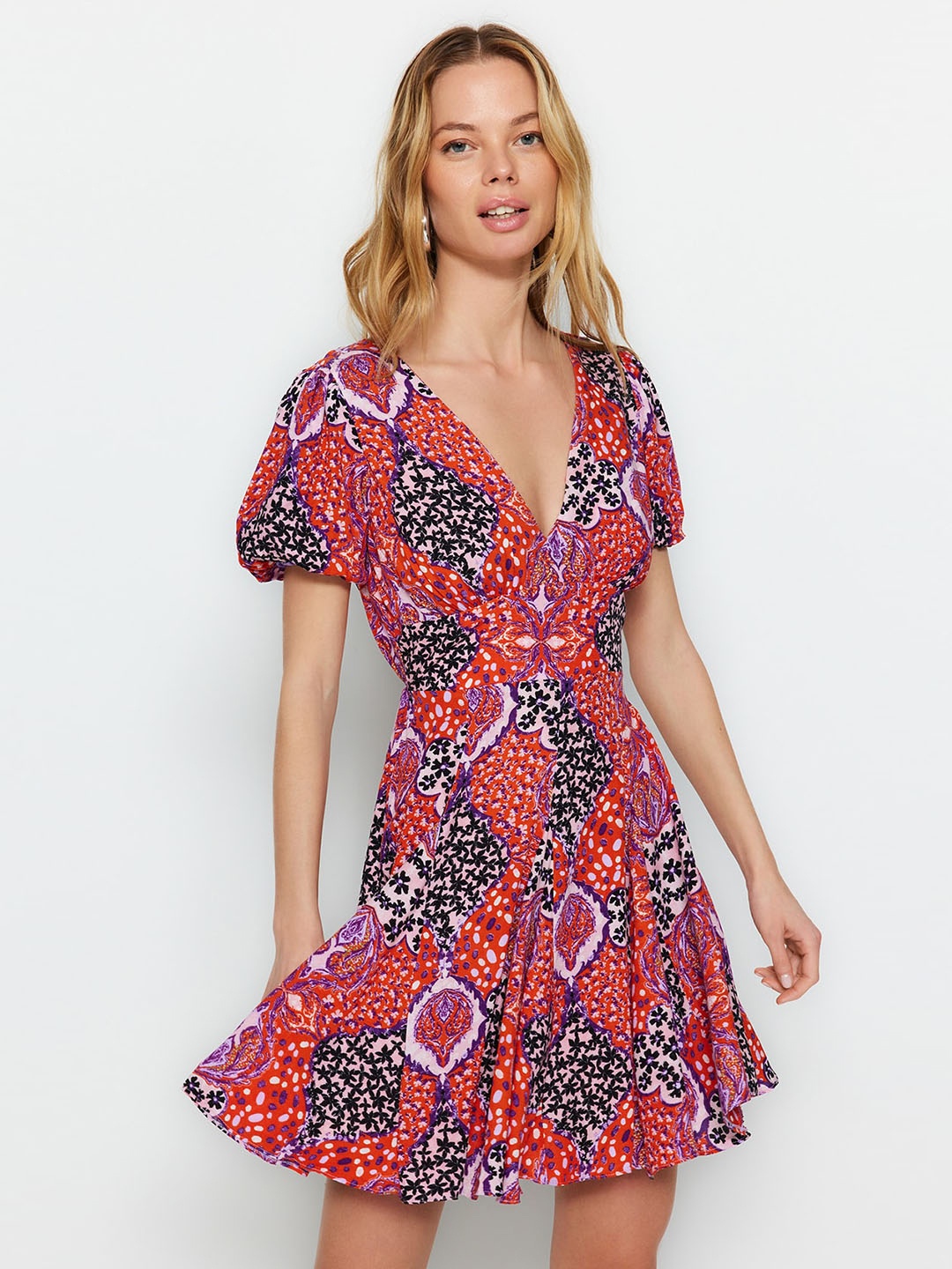 

Trendyol Floral Printed V-Neck Fit & Flare Mini Dress, Red