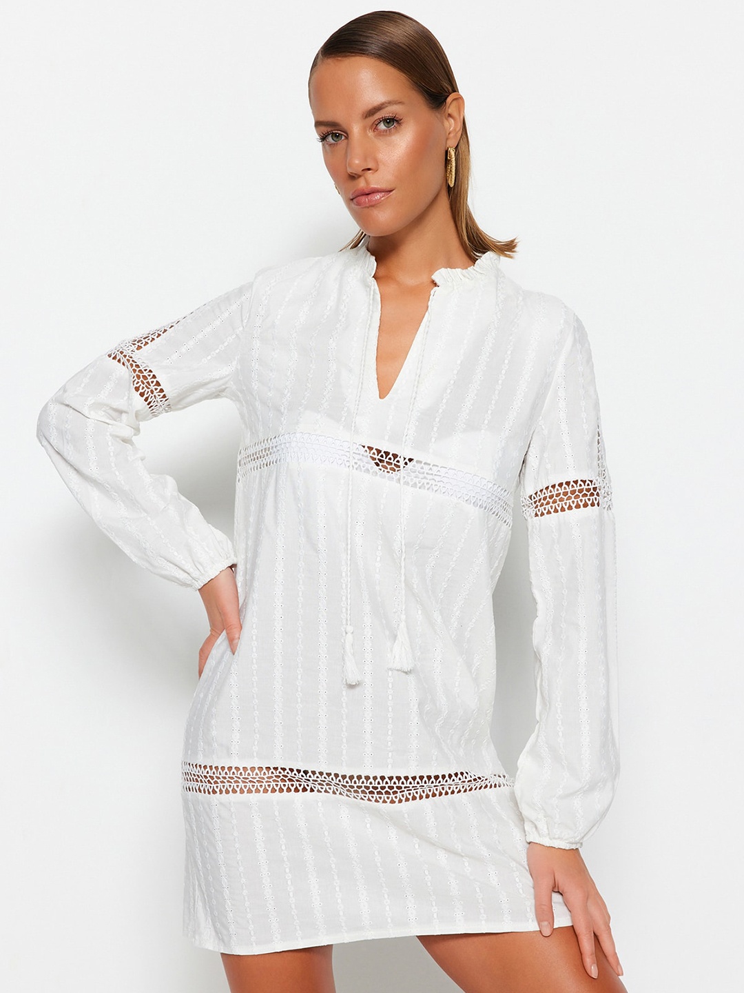 

Trendyol Self Design Embroidered Tie-Up Neck A-Line Mini Dress, White