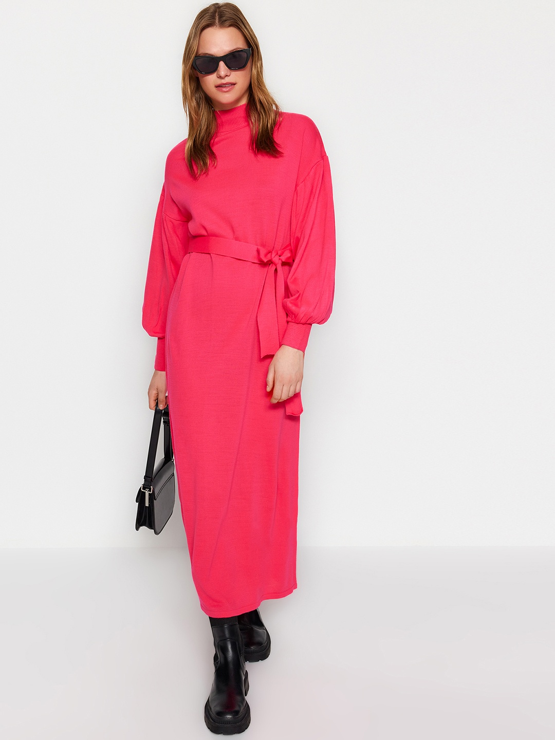 

Trendyol High Neck Long Sleeves Blouson Midi Dress, Pink
