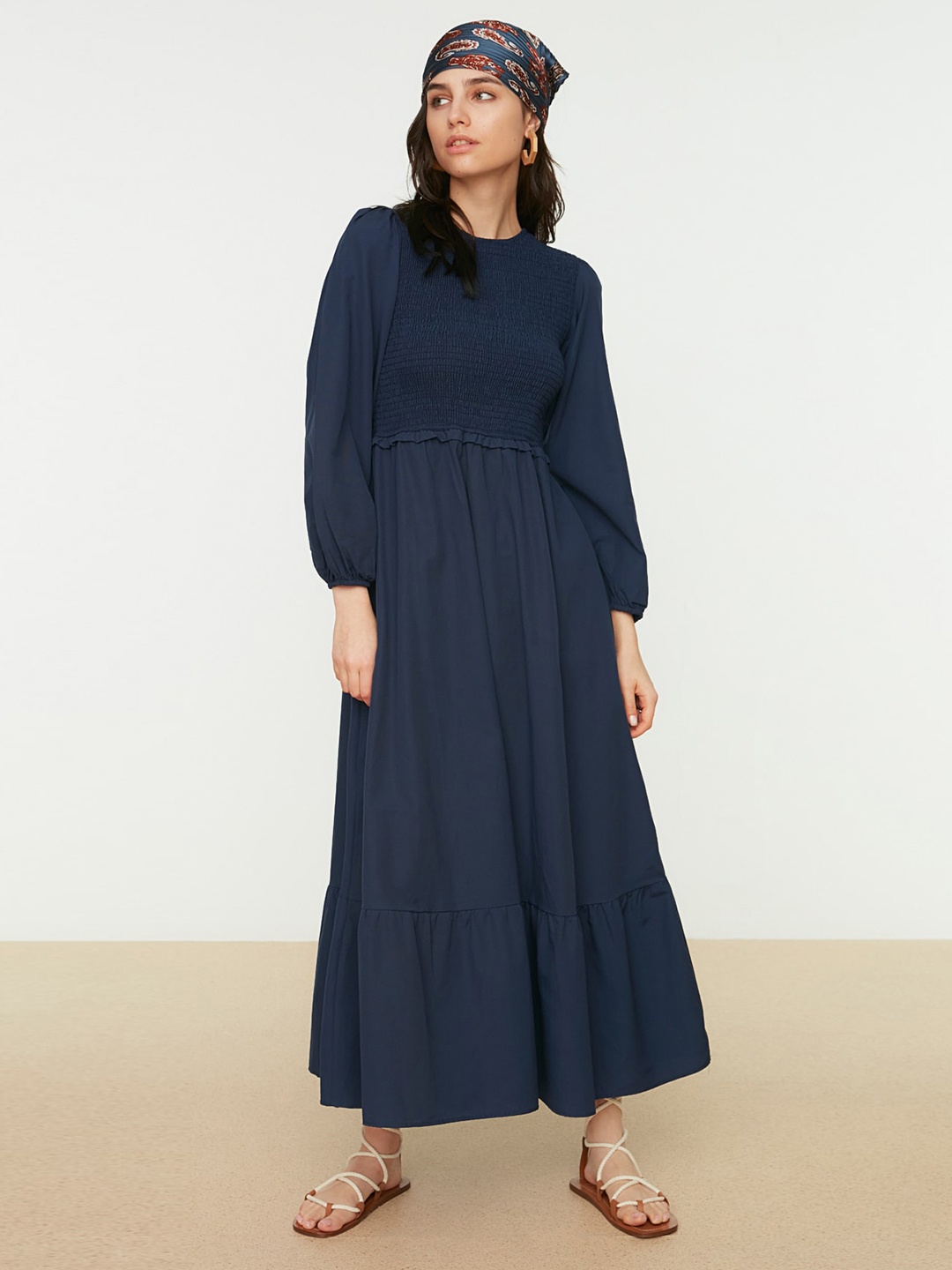 

Trendyol Puff Sleeve Cotton A-Line Maxi Dress, Blue