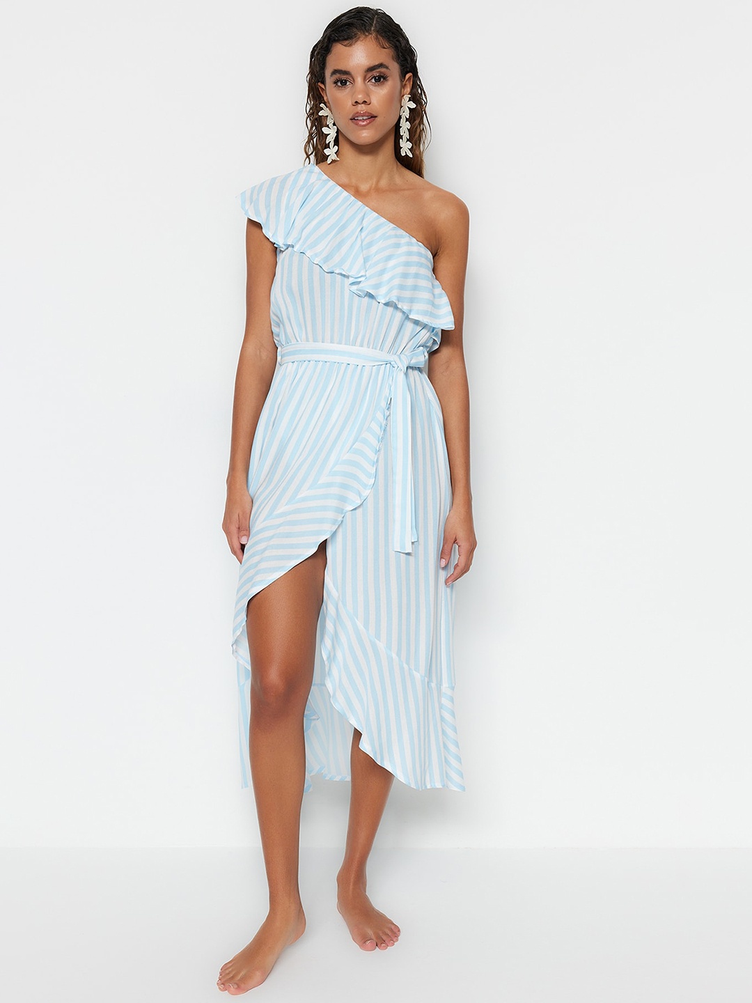 

Trendyol One Shoulder Striped A-Line Midi Dress, Na