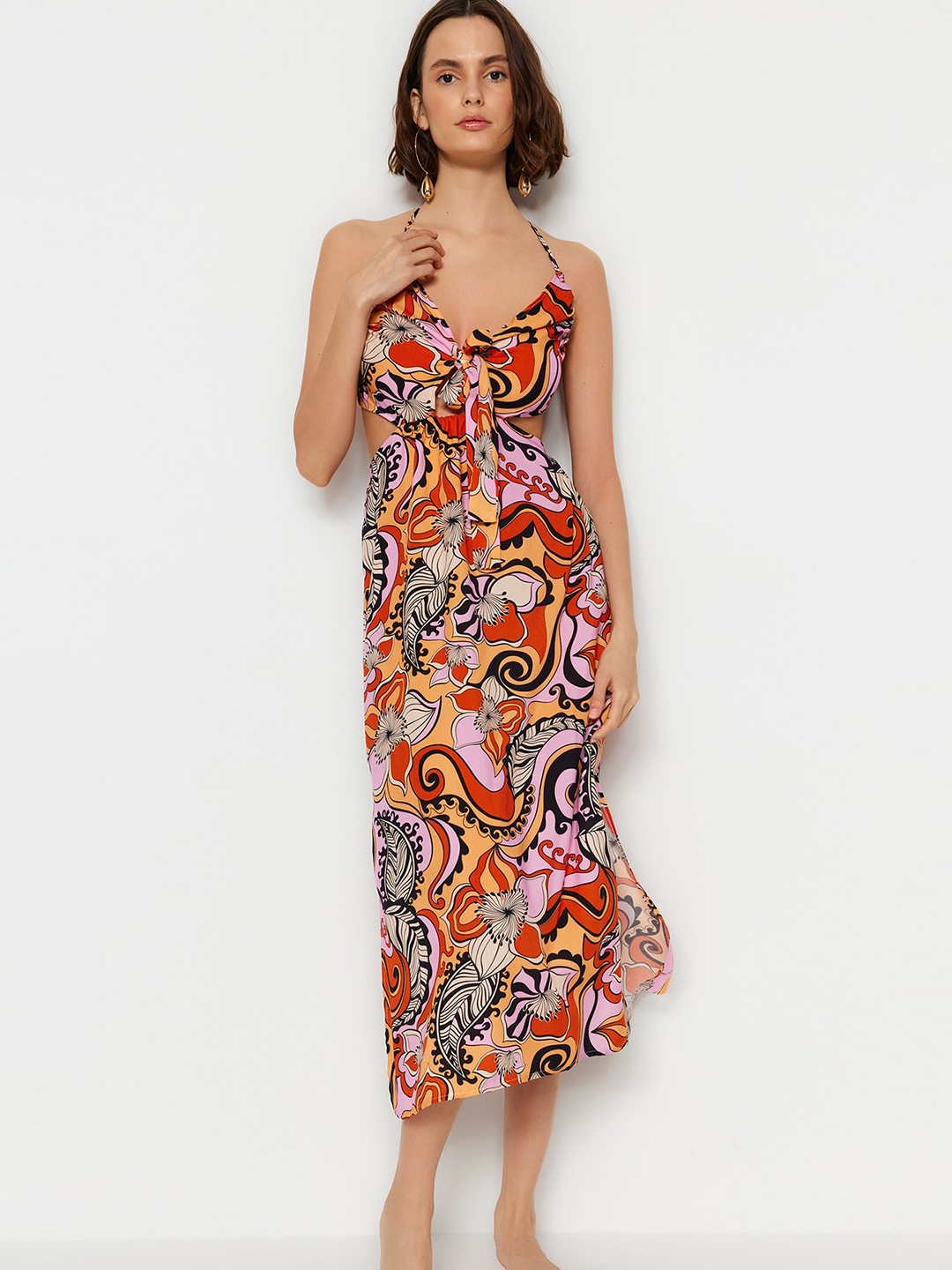 

Trendyol Ethnic Motifs Print Tie-Up Neck Sleeveless Cut-Outs A-Line Midi Dress, Orange