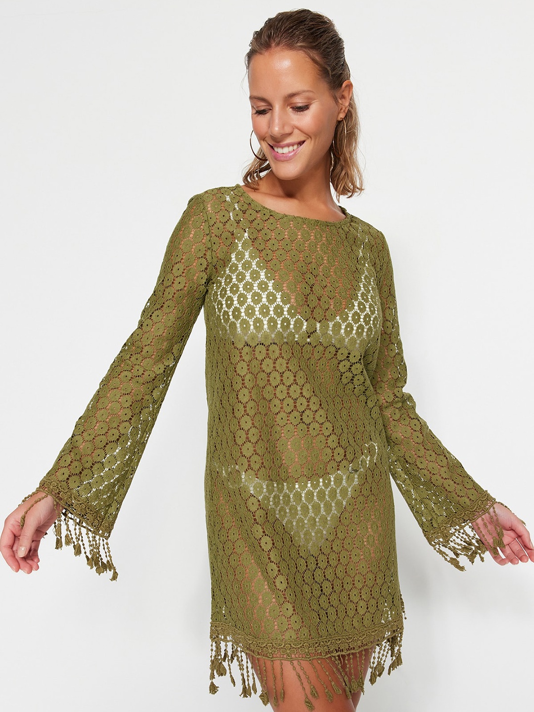 

Trendyol Self Design Round Neck Flared Sleeves Fringed A-Line Dress, Green
