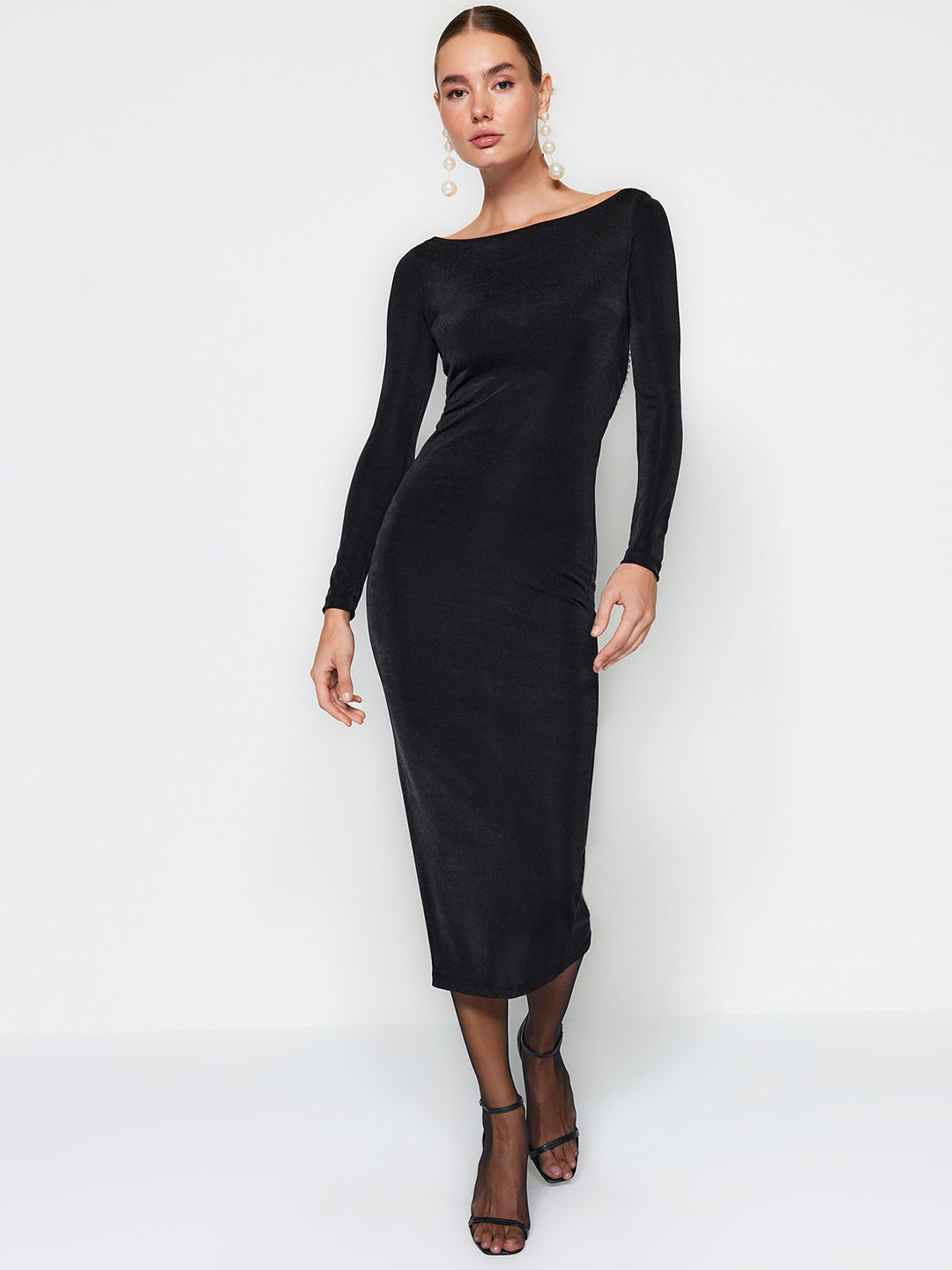 

Trendyol Boat Neck Embellished Sheath Midi Dress, Black