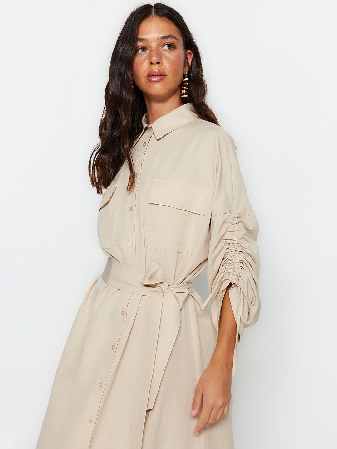 

Trendyol Shirt Collar Tie Up Ruched Shirt Dress, Beige