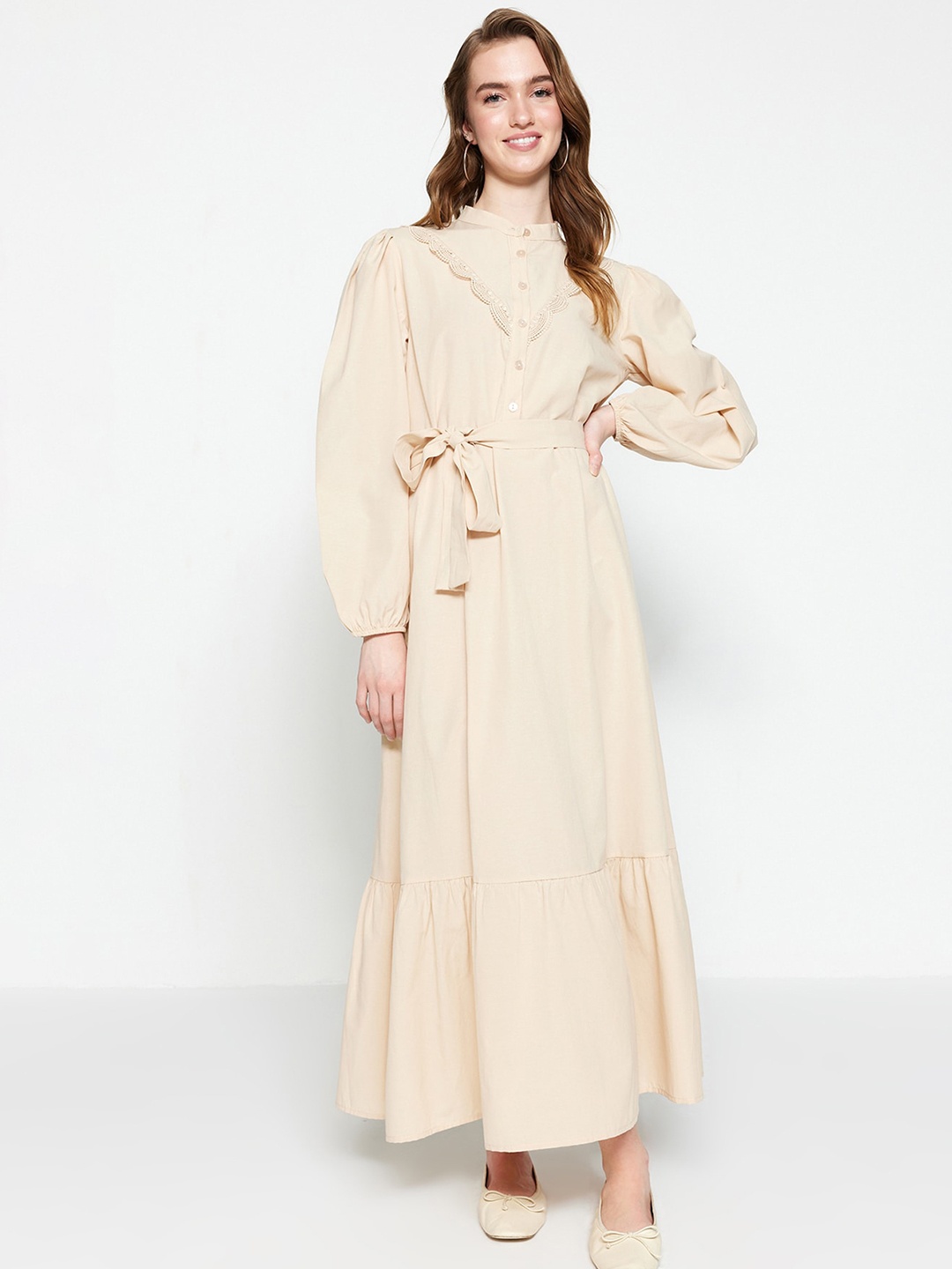 

Trendyol Mandarin Collar Puff Sleeve Maxi Dress, Beige