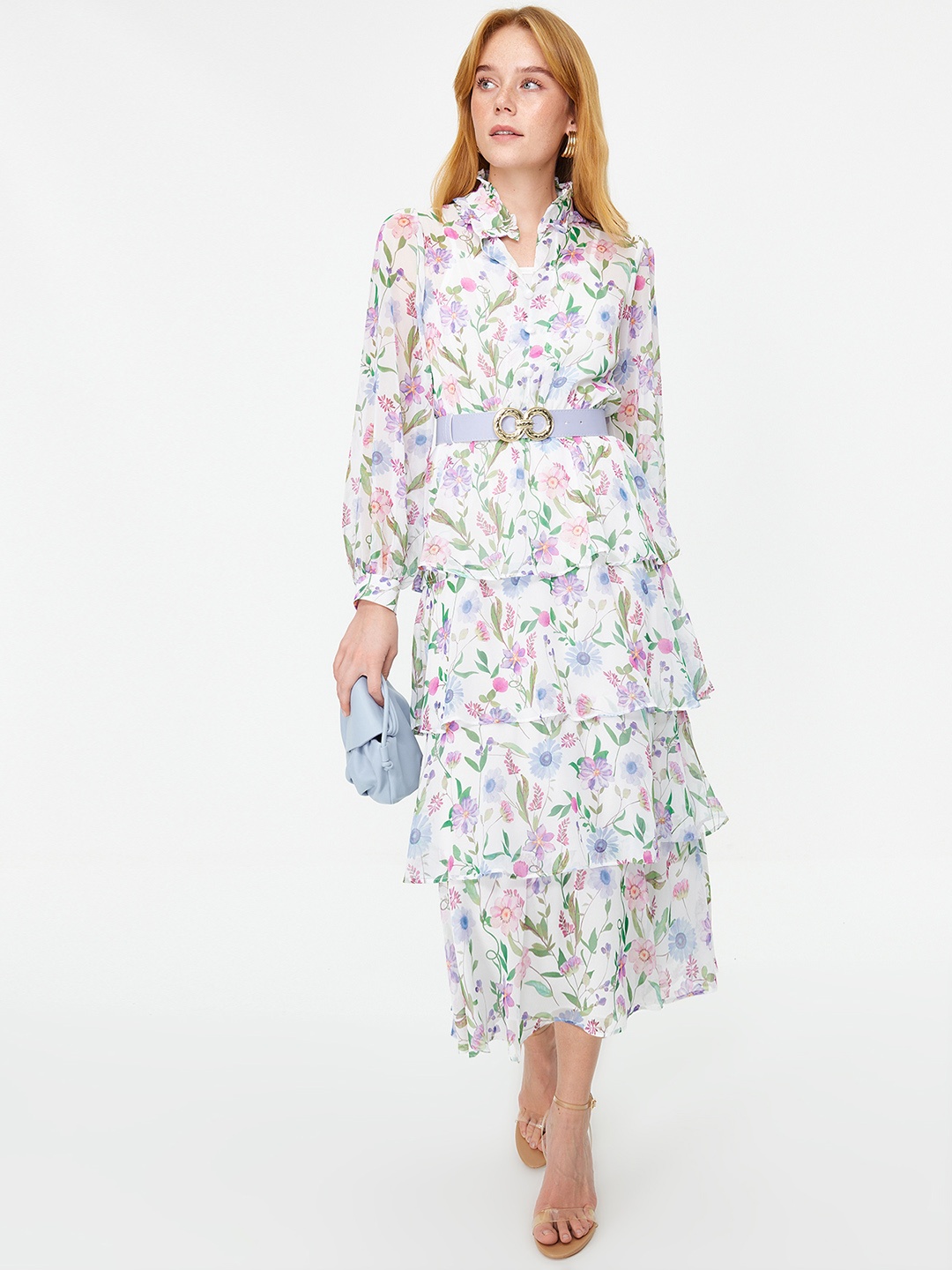 

Trendyol Floral Printed Cuffed Sleeves Layered Midi Shirt Dress, White