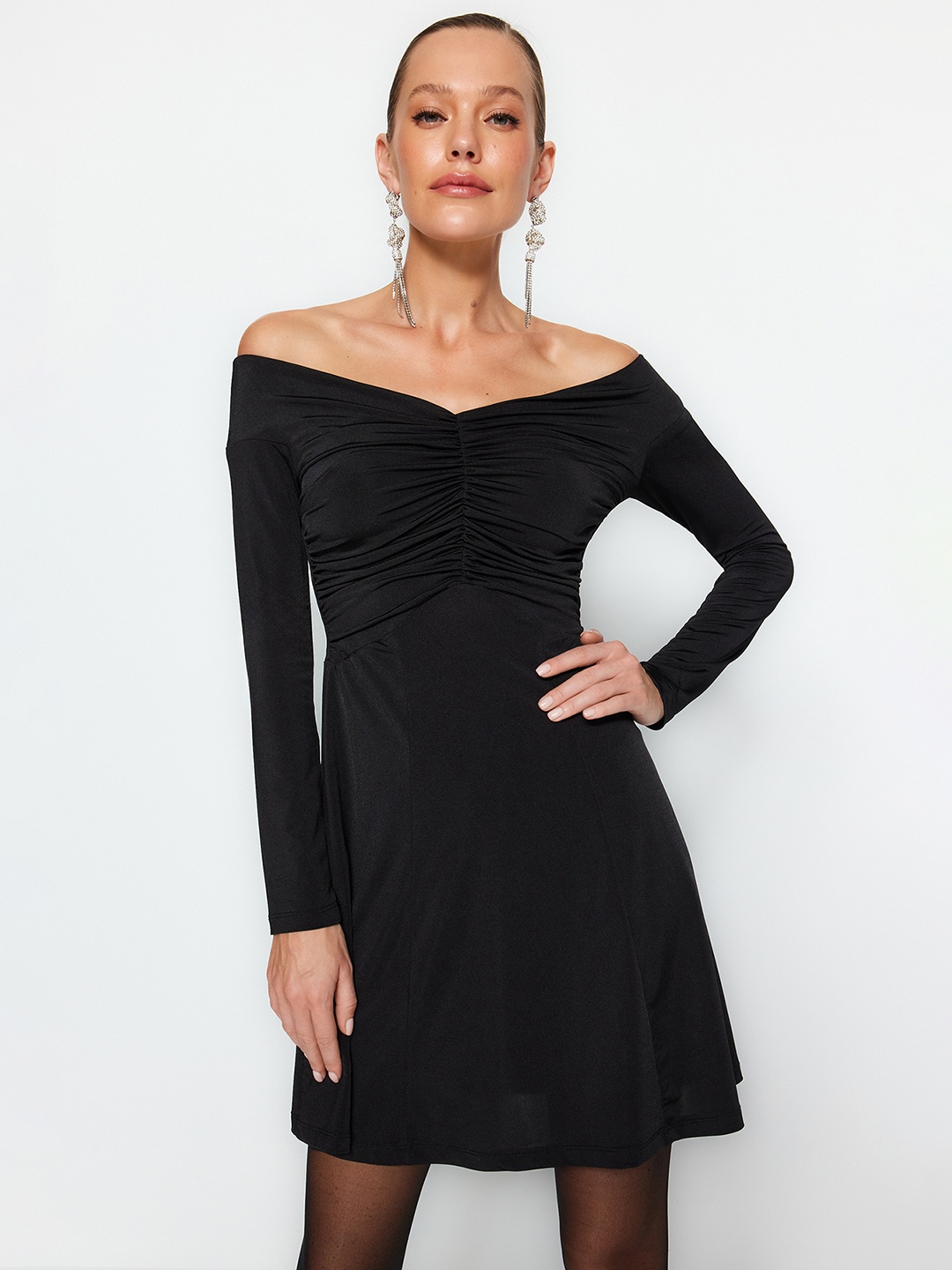 

Trendyol Off Shoulder Ruched A-Line Dress, Black