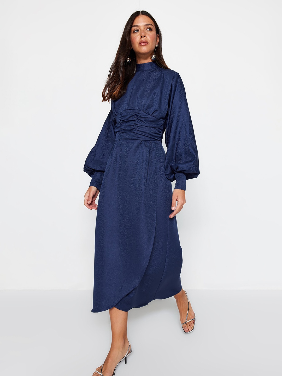 

Trendyol Bishop Sleeves Gathered Fit & Flare Midi Dress, Navy blue