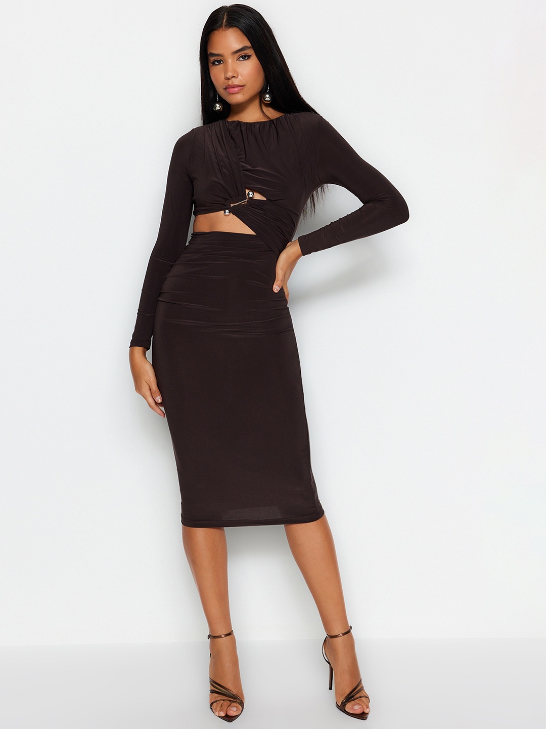 

Trendyol Cut Out Detail Bodycon Midi Dress, Coffee brown
