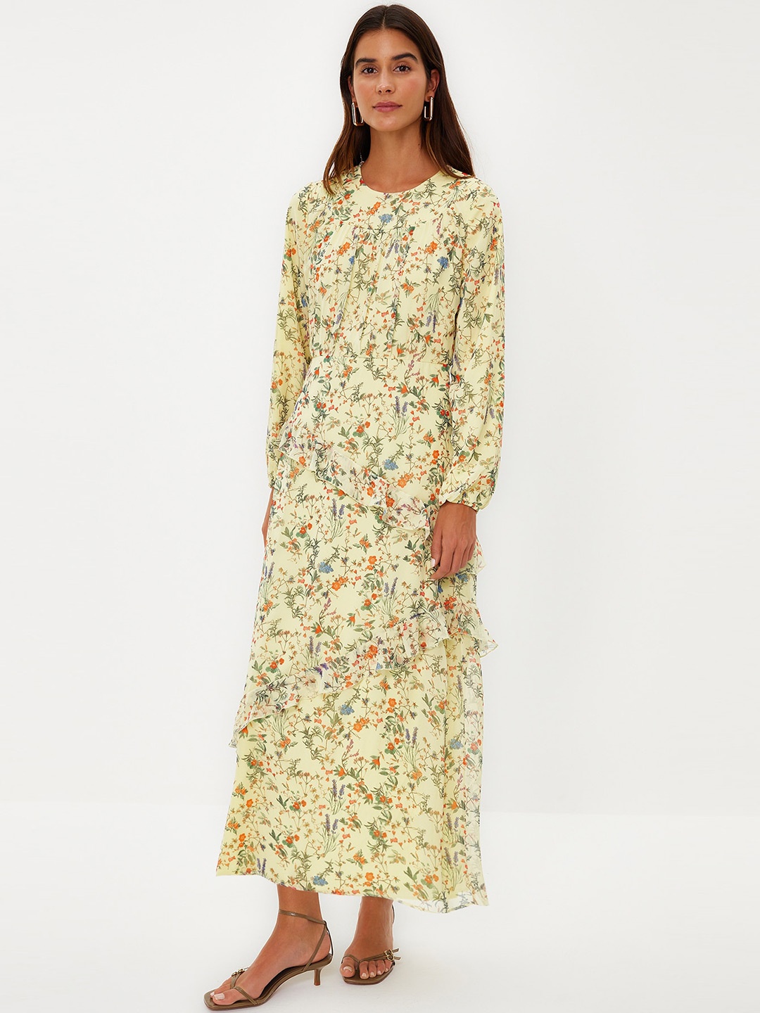 

Trendyol Floral Printed Puff Sleeve A-Line Midi Dress, Yellow