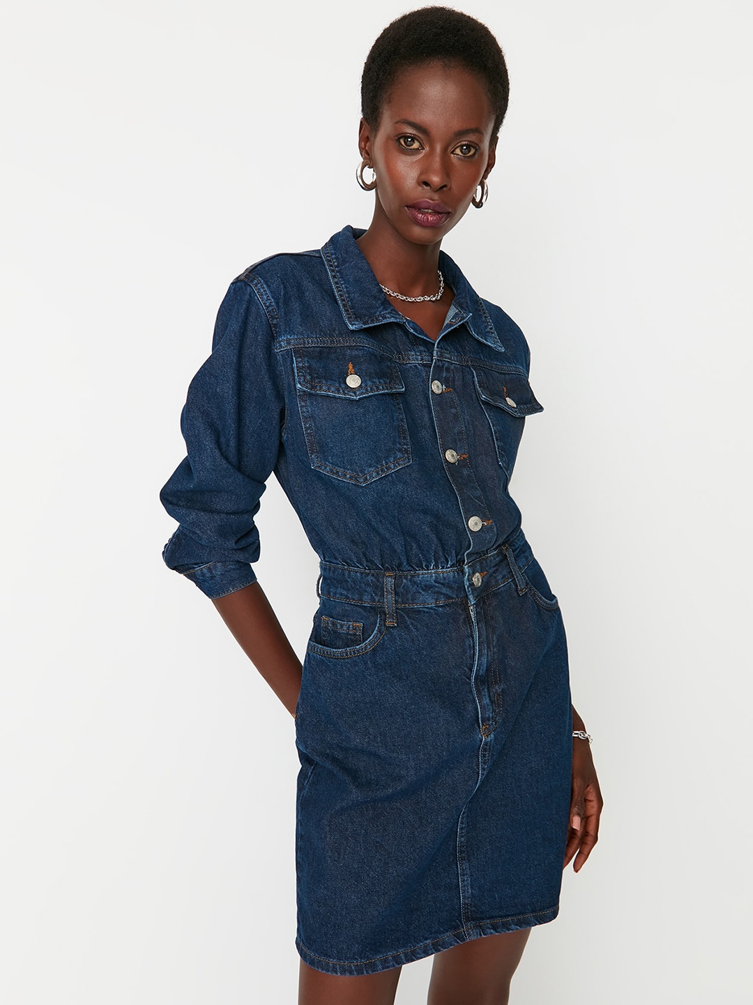 

Trendyol Shirt Collar Cotton Dress, Blue