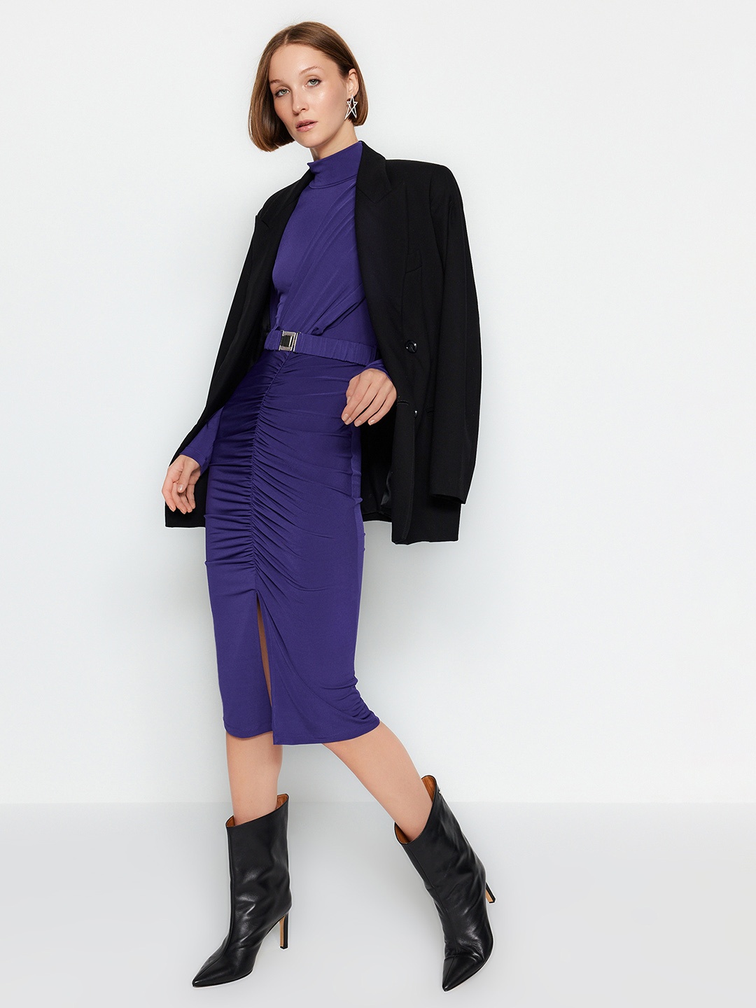 

Trendyol Mock Neck Long Sleeves Sheath Dress with Belt, Na