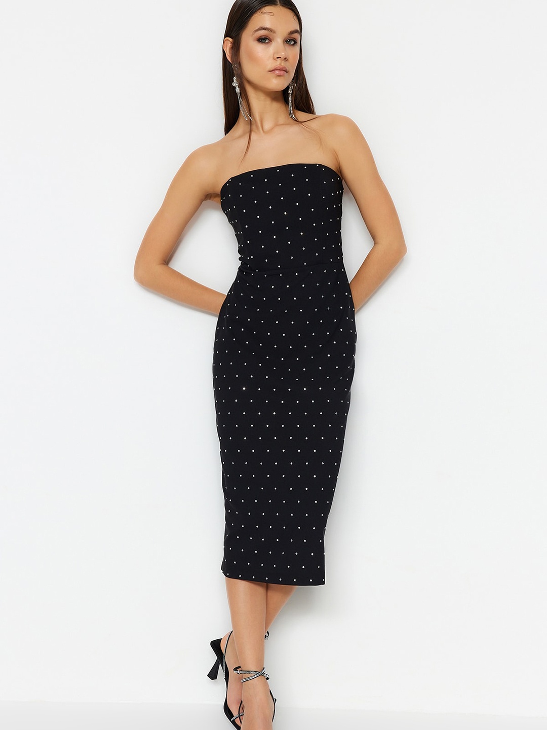 

Trendyol Off Shoulder Polka Dot Bodycon Midi Dress, Black