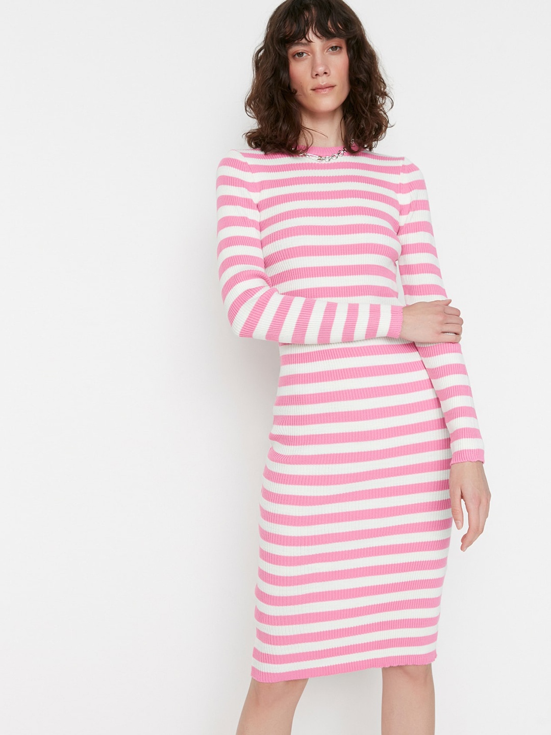 

Trendyol Striped Round Neck Bodycon Dress, Pink