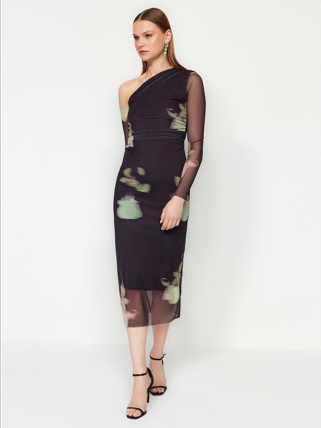 

Trendyol Abstract Printed One Shoulder Sheath Midi Dress, Black