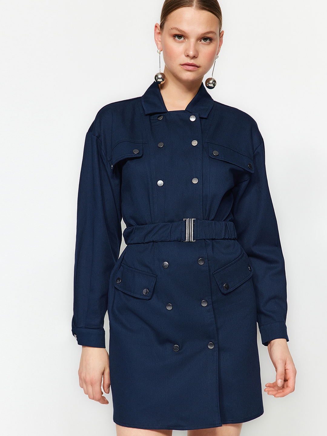 

Trendyol Shirt Collar Above Knee Cotton Shirt Dress, Navy blue